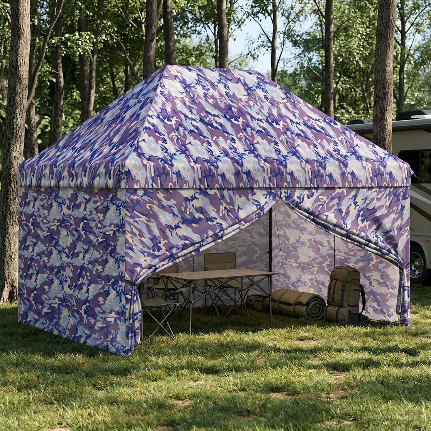 Pop-up Skur med 4 Sidevægge 2,9 x 4,3 m Blå Kamuflage