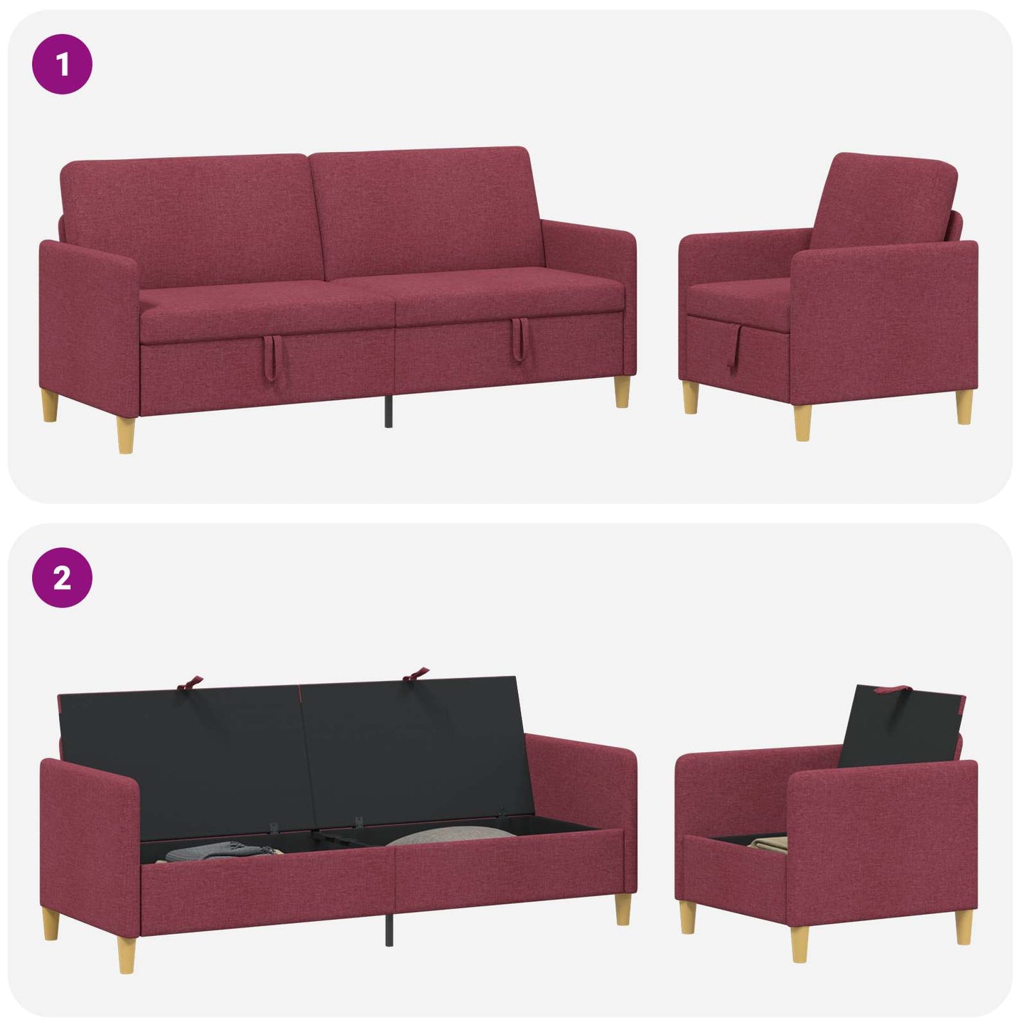 Sofa sæt med opbevaring 2 stk. Vinrød Polyester