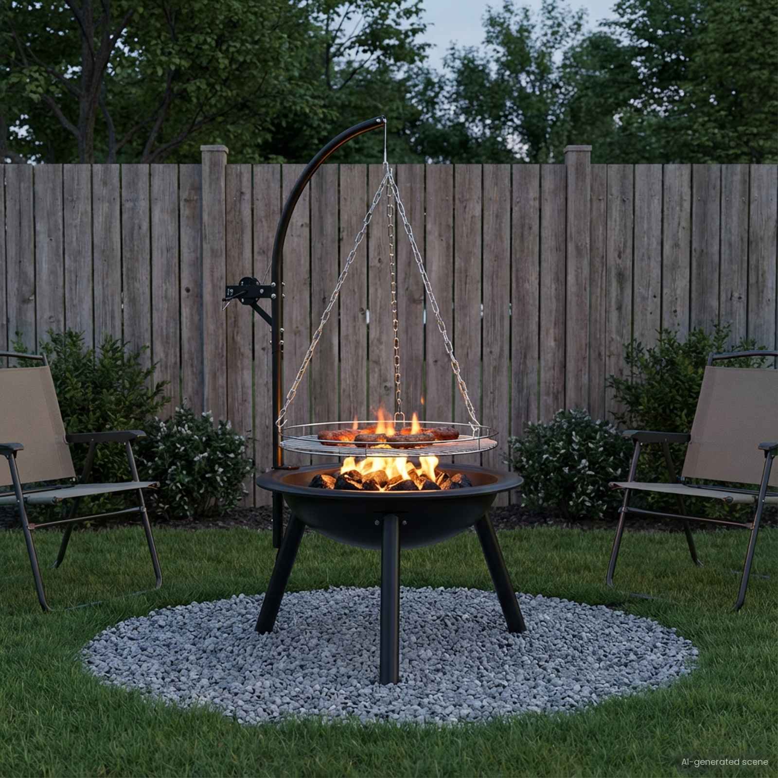 Bålsted med justerbar grillrist Ø55,5 x 107,5 cm i sort stål