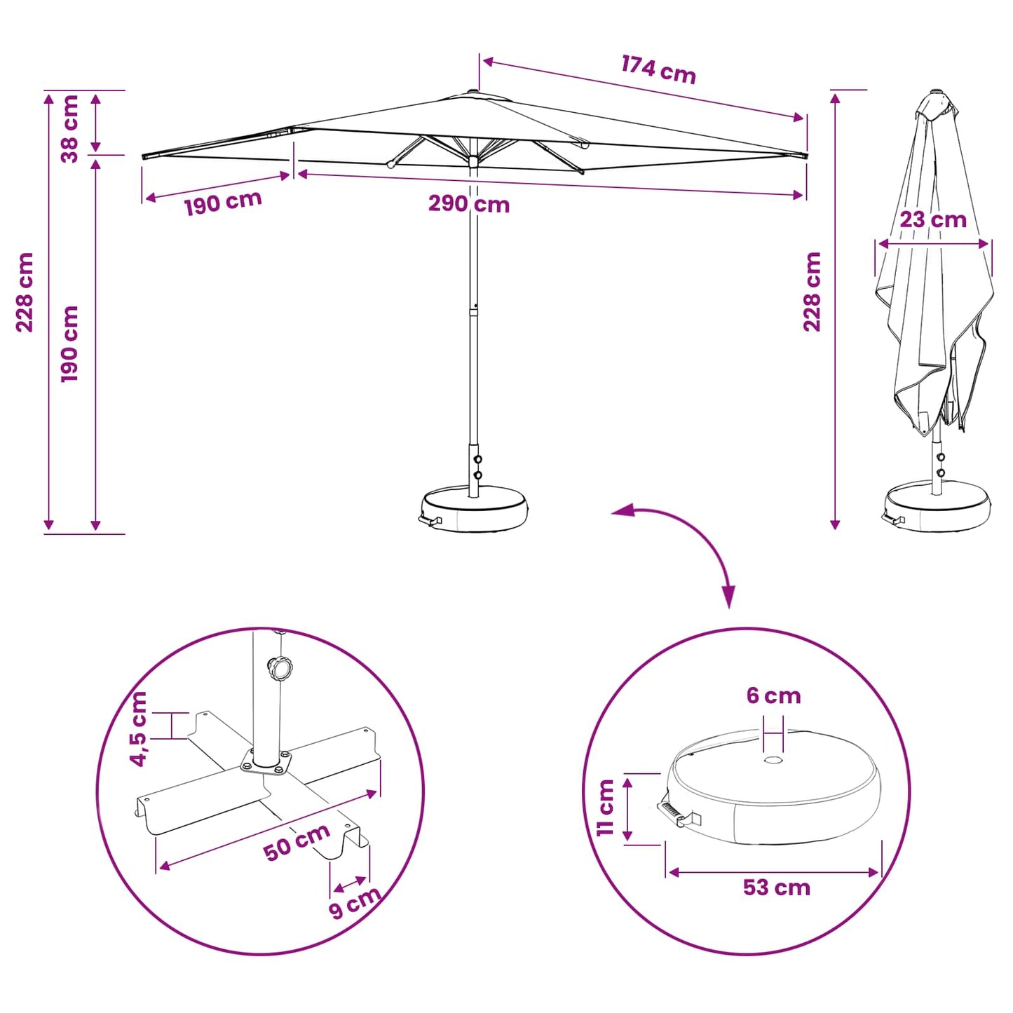 Haveparasol med base 200 x 300 cm Polyester Rektangulær Gråbrun