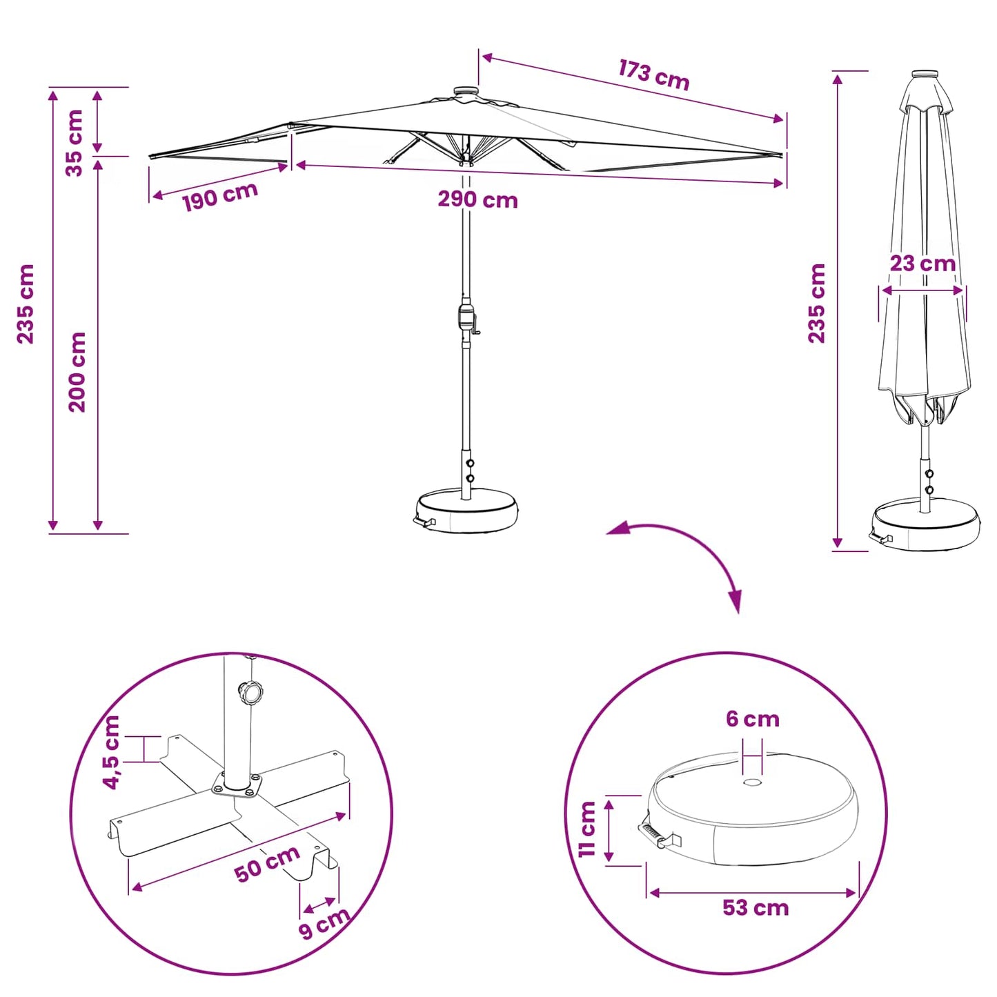 Haveparasol med LED lys og fod 200 x 300 cm Polyester Gråbrun