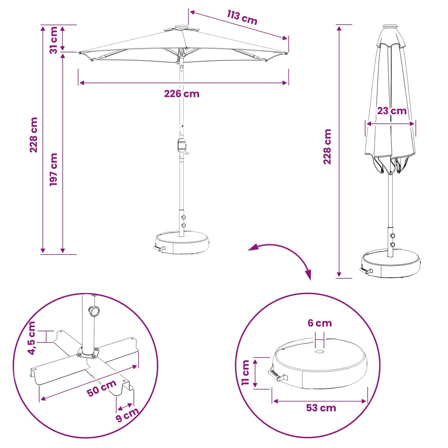 Haveparasol med LED lys og fod 230 x 230 cm Polyester Antracit