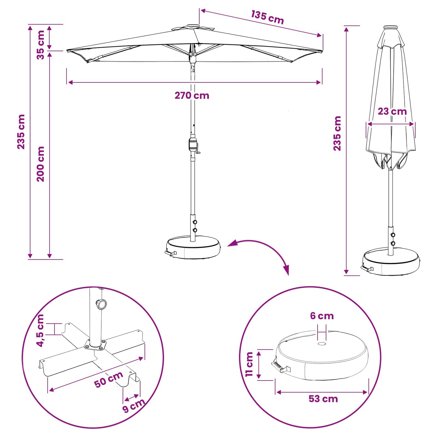 Haveparasol med LED lys og fod 270 x 270 cm Polyester