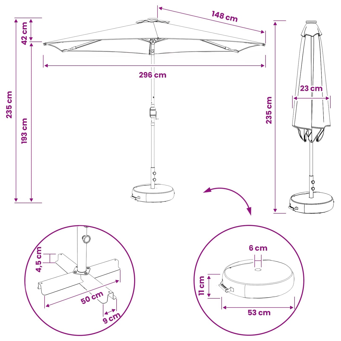 Haveparasol med LED lys og fod 300 x 300 cm Polyester Antracit