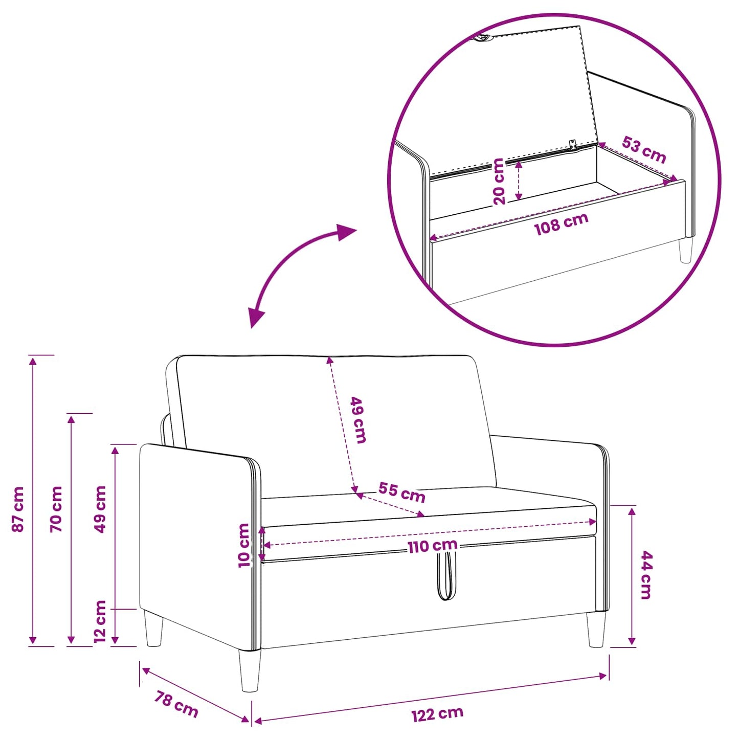 Sofa med opbevaring Turkis 122 x 78 x 87 cm Polyester