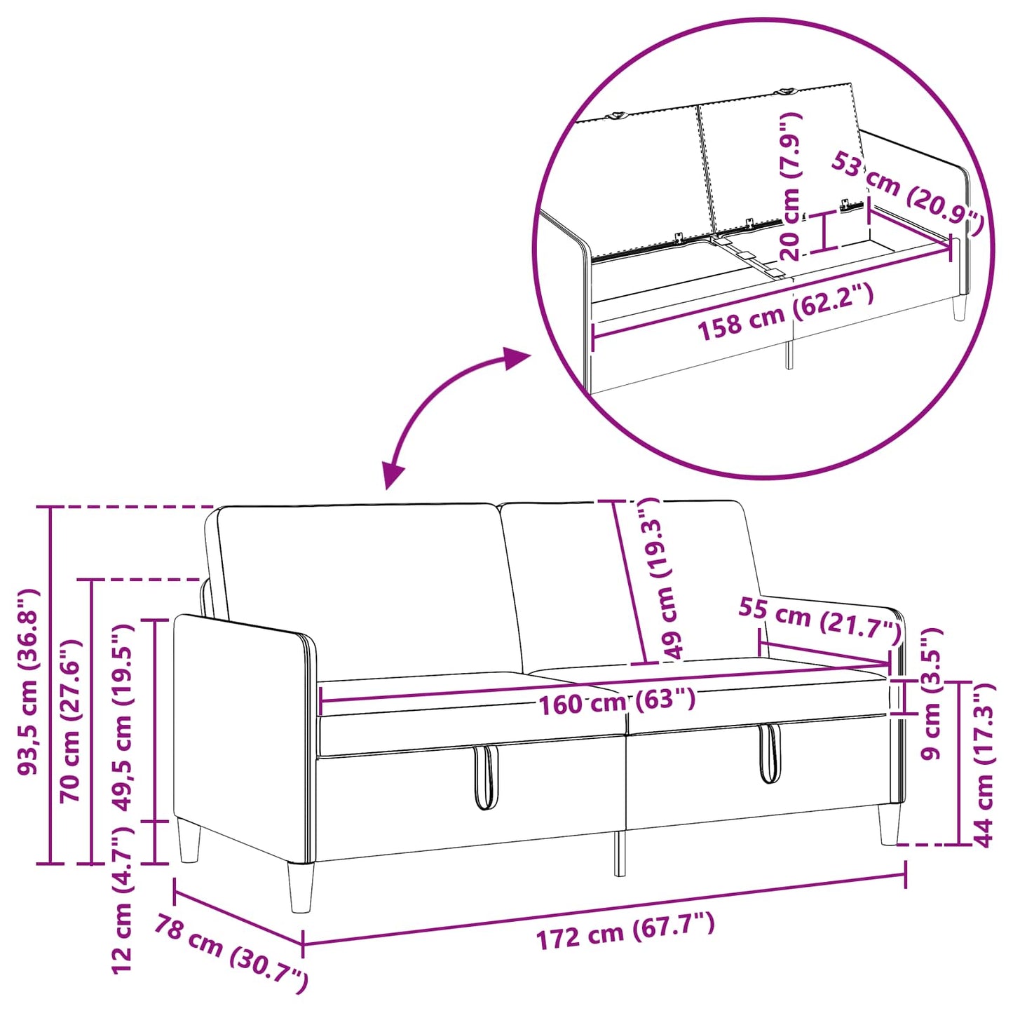 Sofa med opbevaring Lyserød 172 x 78 x 87 cm Polyester