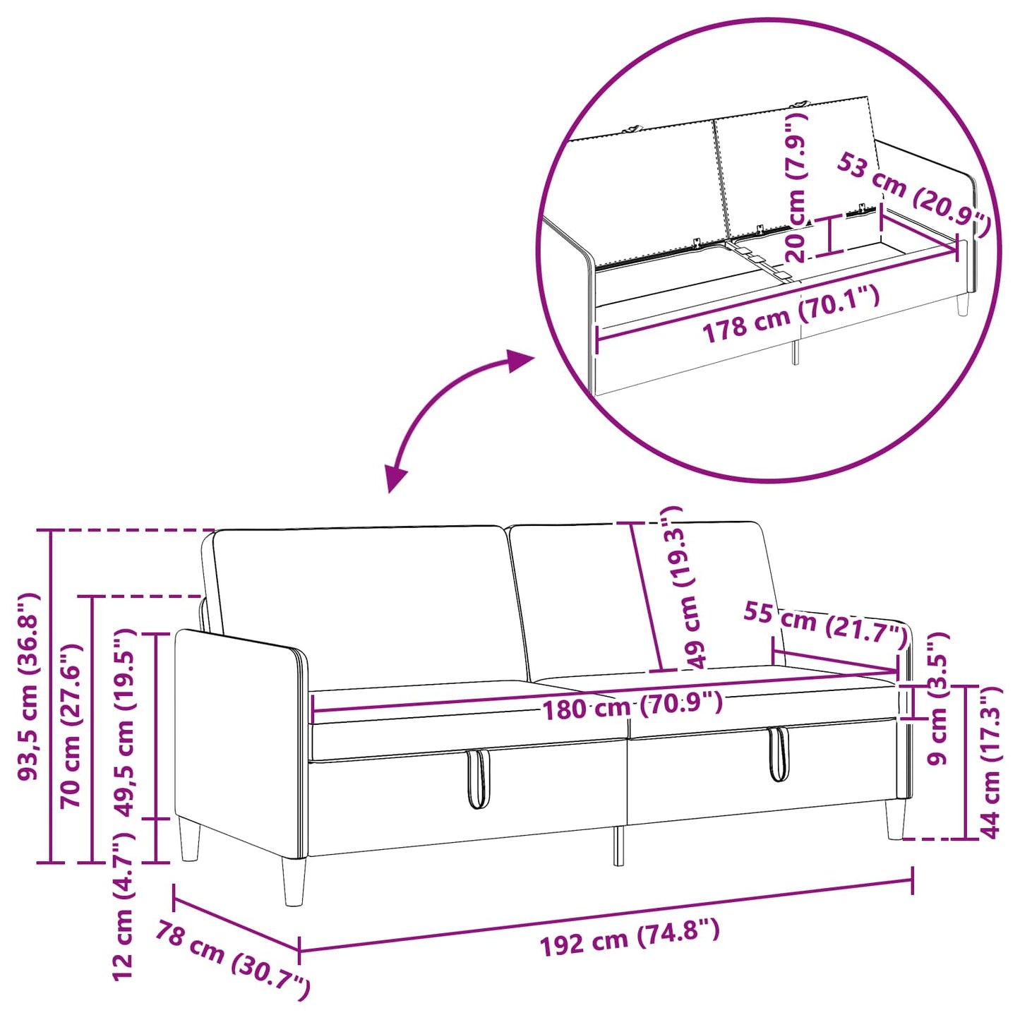 Sofa med opbevaring Mørkegrå 192 x 78 x 87 cm Polyester