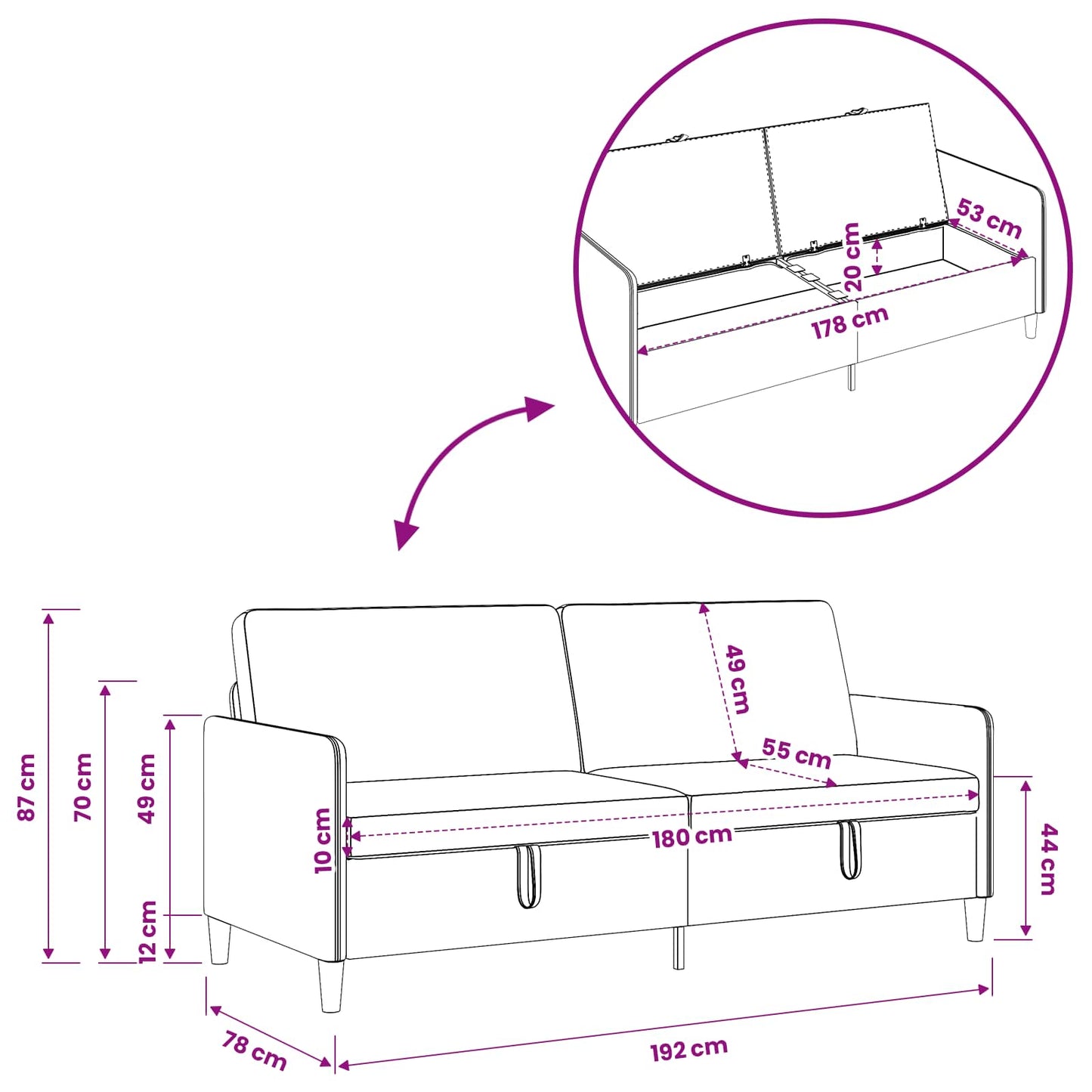 Sofa med opbevaring Havgrøn 192 x 78 x 87 cm Polyester