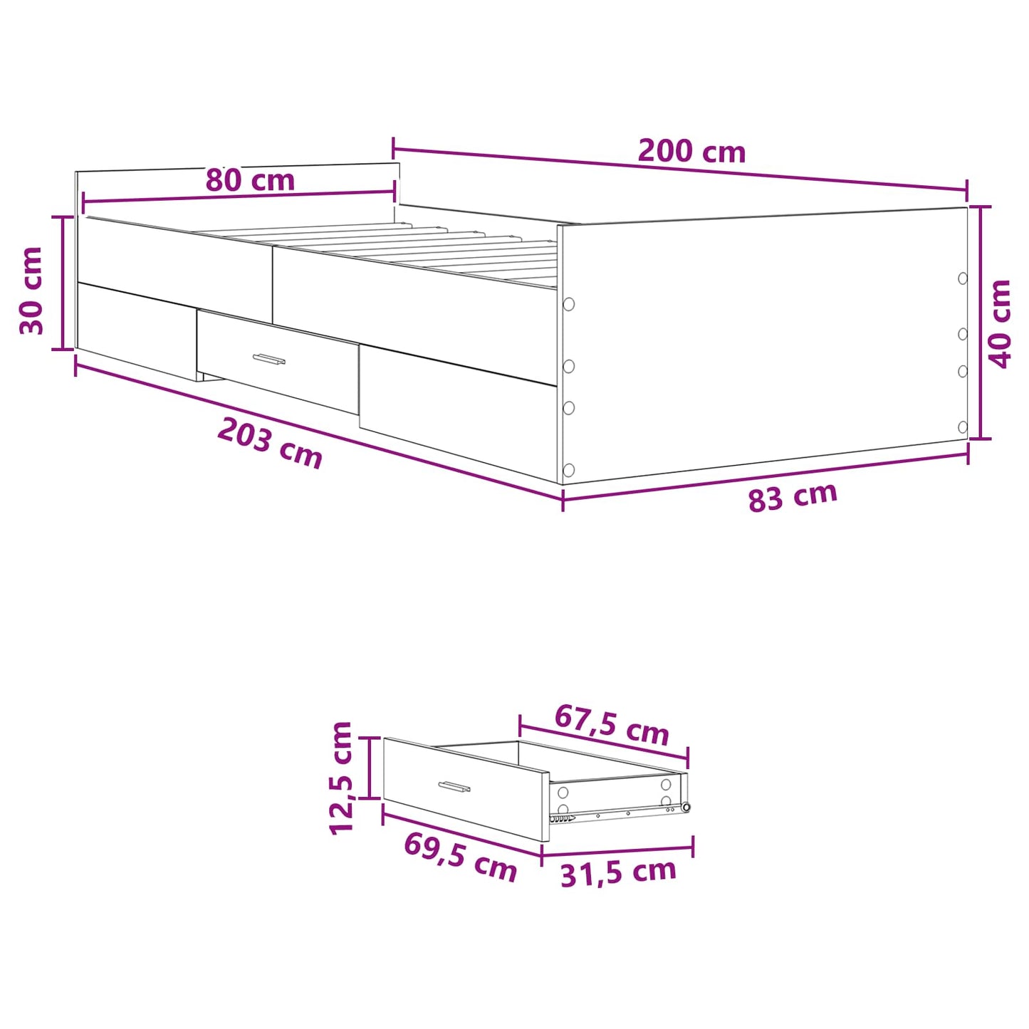 Sengestel med opbevaring Betongrå 80 x 200 cm Konstrueret træ