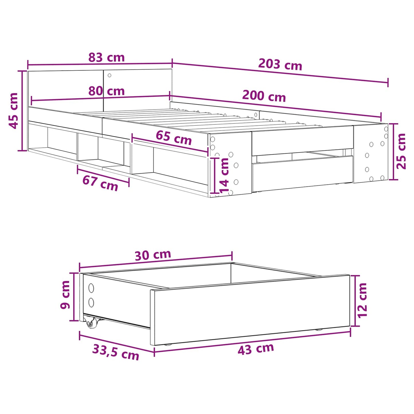 Sengestel med opbevaring Artisan-eg 80 x 200 cm Konstrueret træ