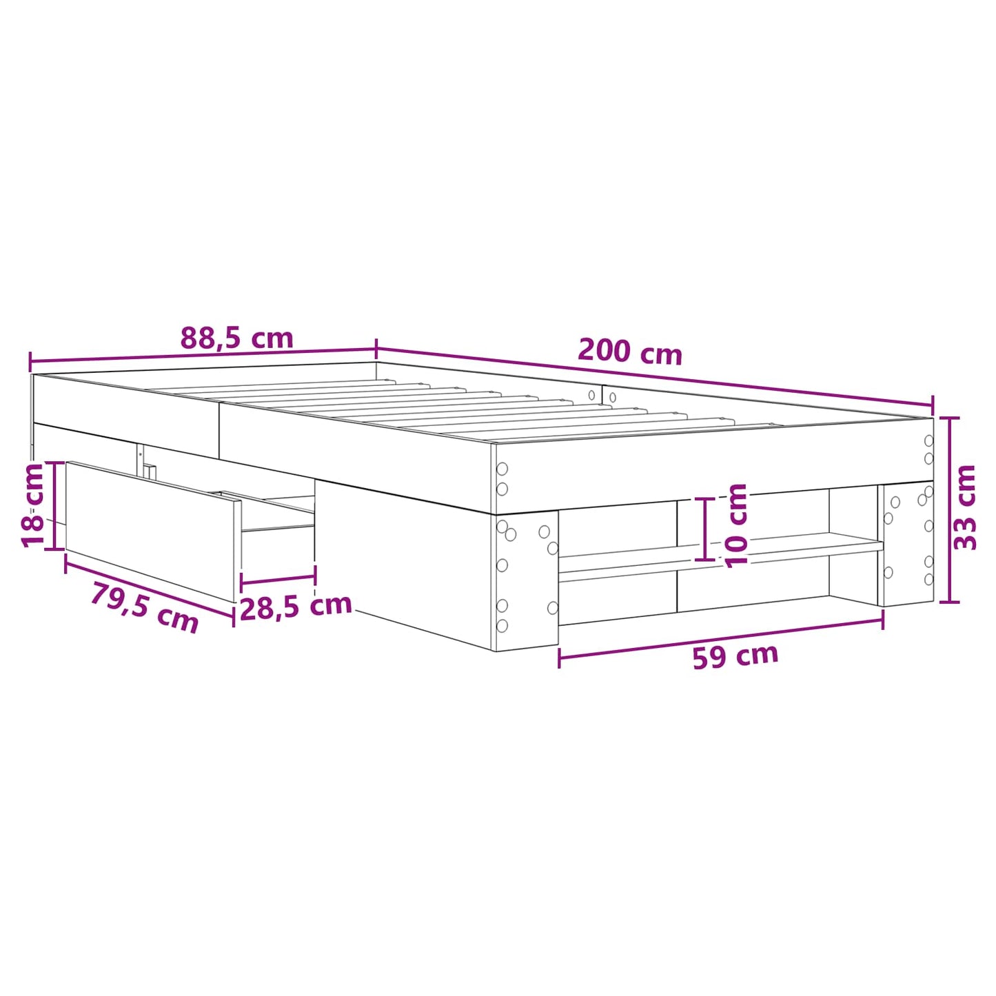 Sengestel med opbevaring Sonoma-eg 80 x 200 cm Konstrueret træ