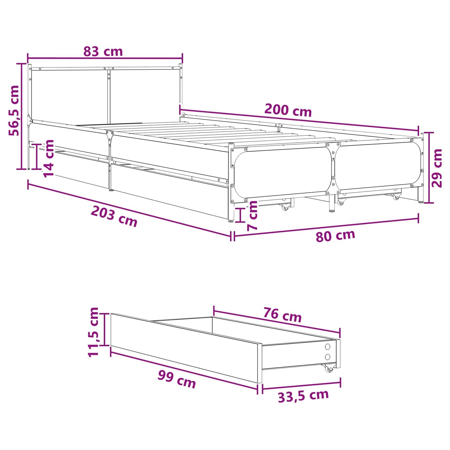 Sengestel med hovedgærde Sort eg 80 x 200 cm Konstrueret træ