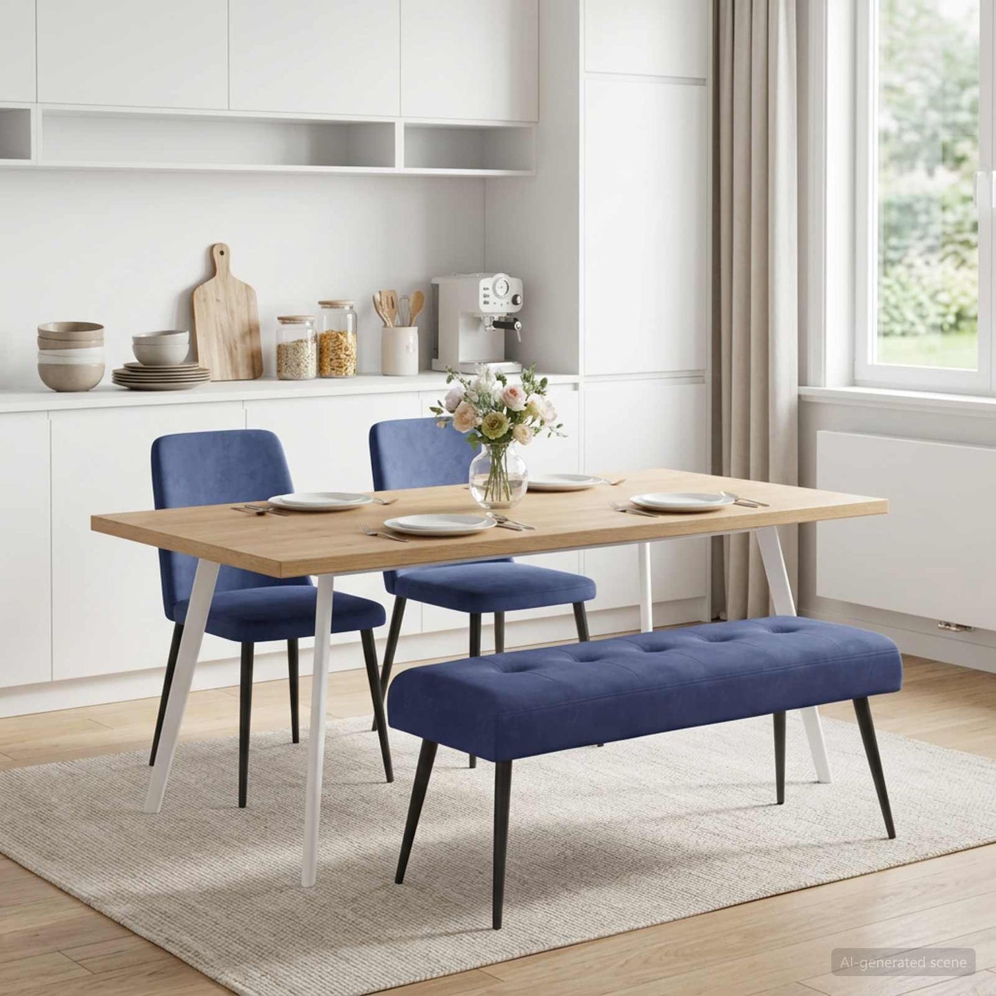 Bænk med knap tufting Politi blå 110 x 40 x 46 cm Fløjl