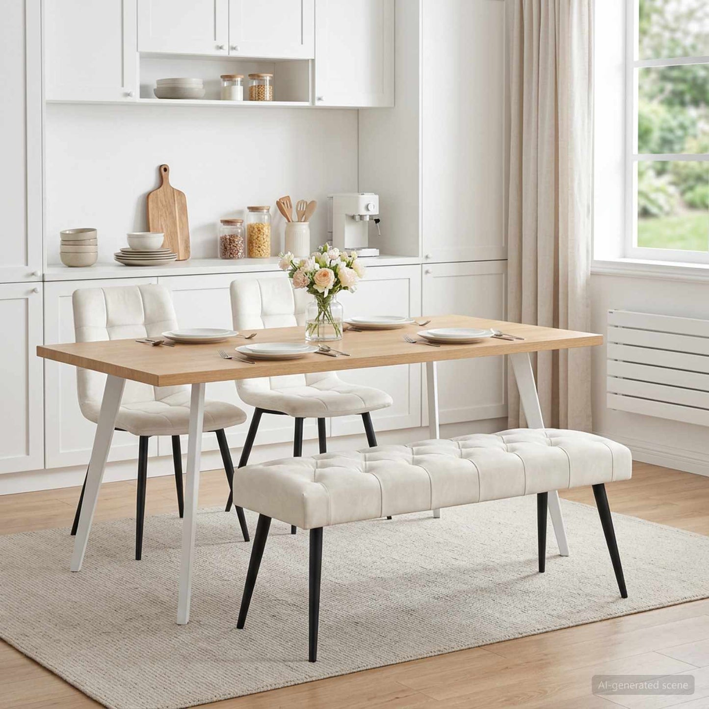 Bænk med knap tufting Cremefarvet 110 x 40 x 46 cm Fløjl