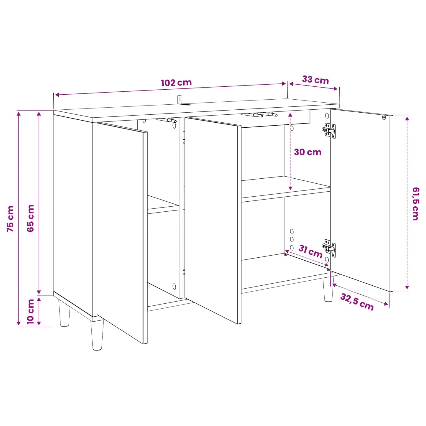 Sideboard RHENEN Sonoma-eg 102 x 33 x 75 cm Konstrueret træ