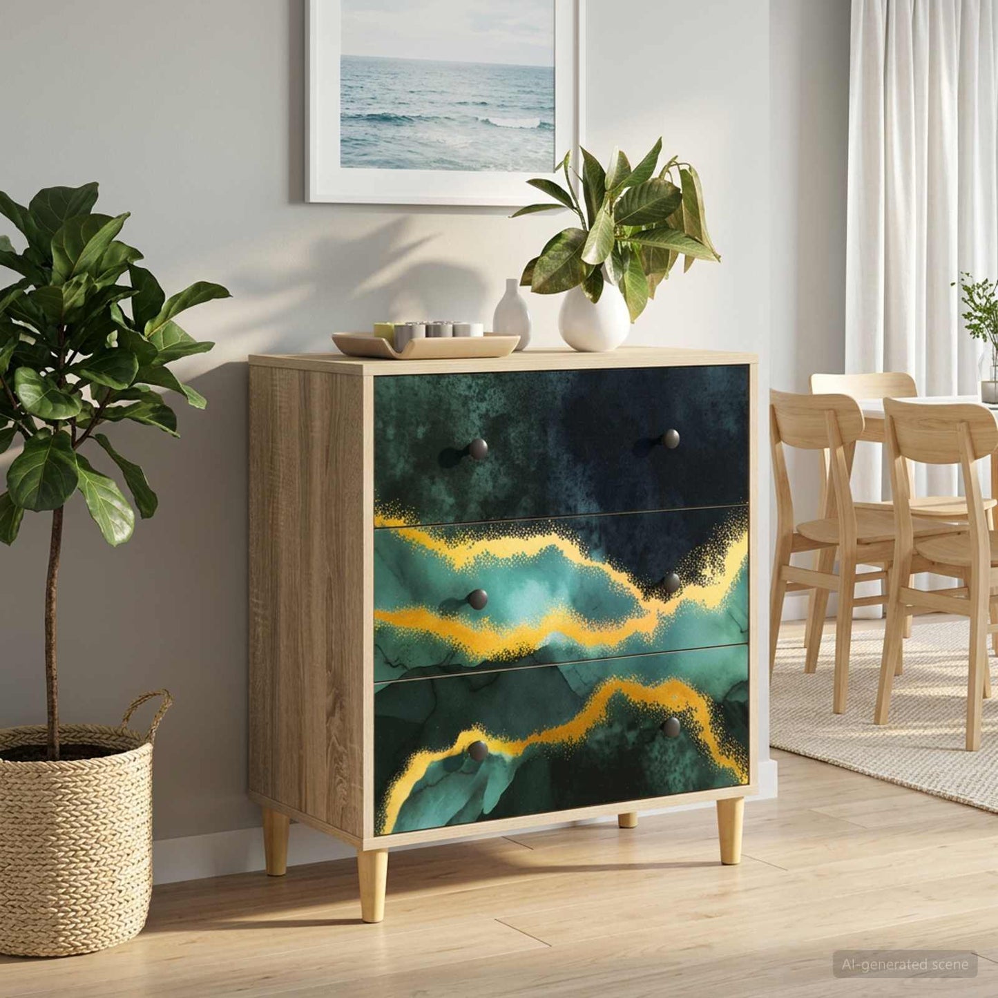 Skuffeskab WIJHE Teal marmorprint 66 x 36,5 x 75 cm Sonoma-eg