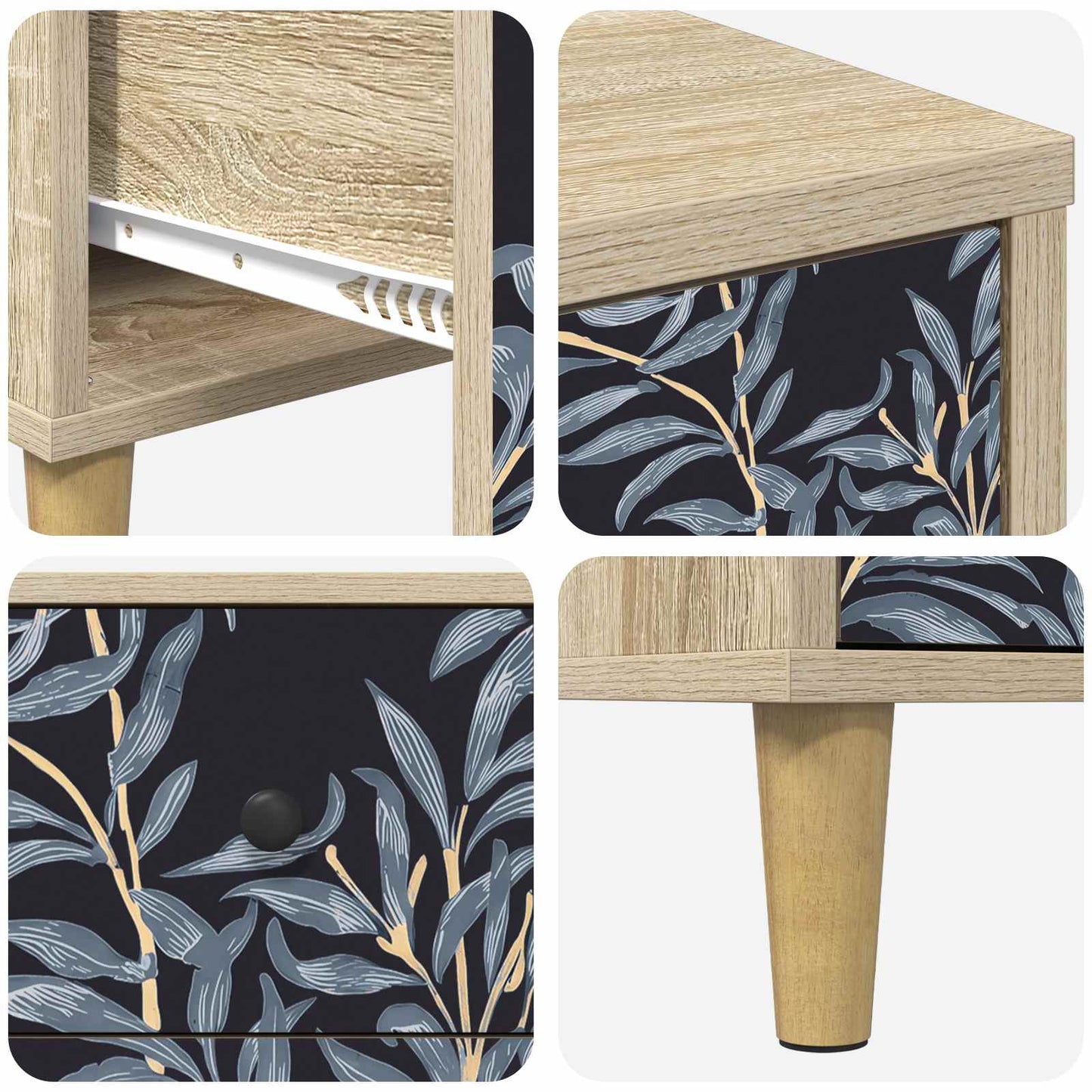 Skuffeskab DOKKUM Blå bregneprint 66 x 36,5 x 75 cm Sonoma-eg