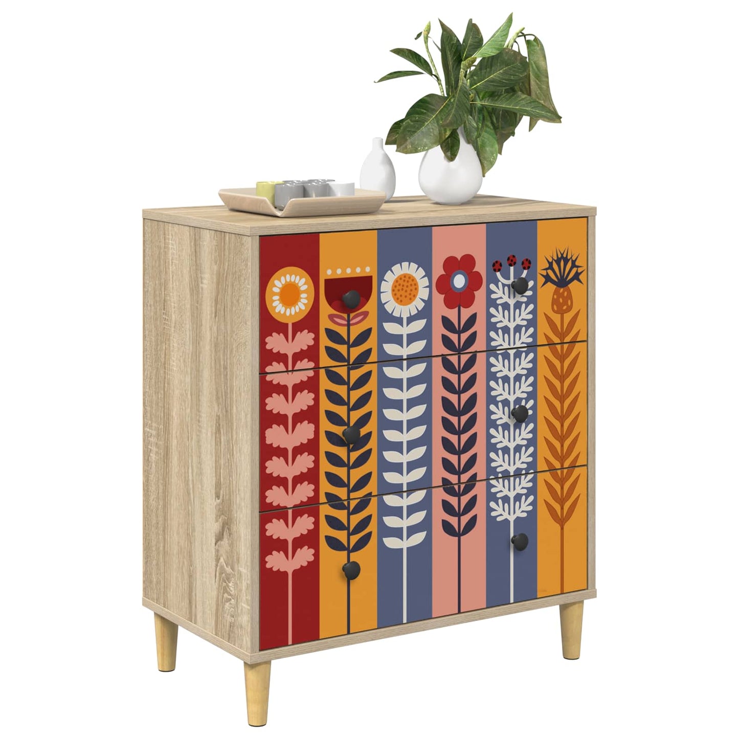 Skuffeskab ESSEN Solblomstprint 66 x 36,5 x 75 cm Sonoma-eg