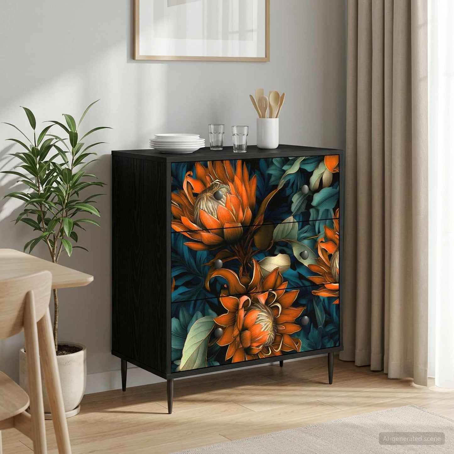 Skuffeskab LOCHEM Orange print 66 x 36,5 x 76 cm Sort eg