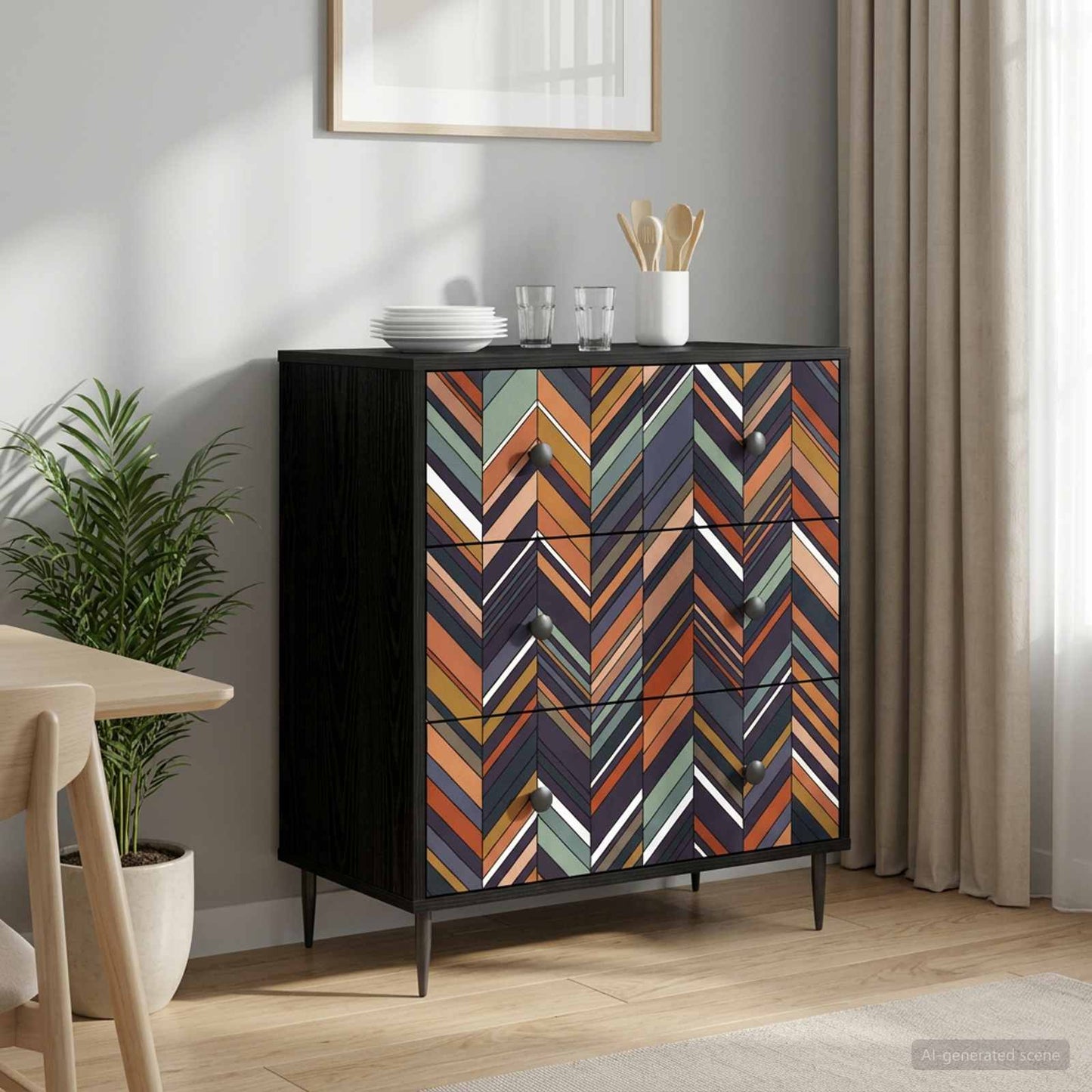Skuffeskab OMMEN Geometrisk print 66 x 36,5 x 76 cm Sort eg