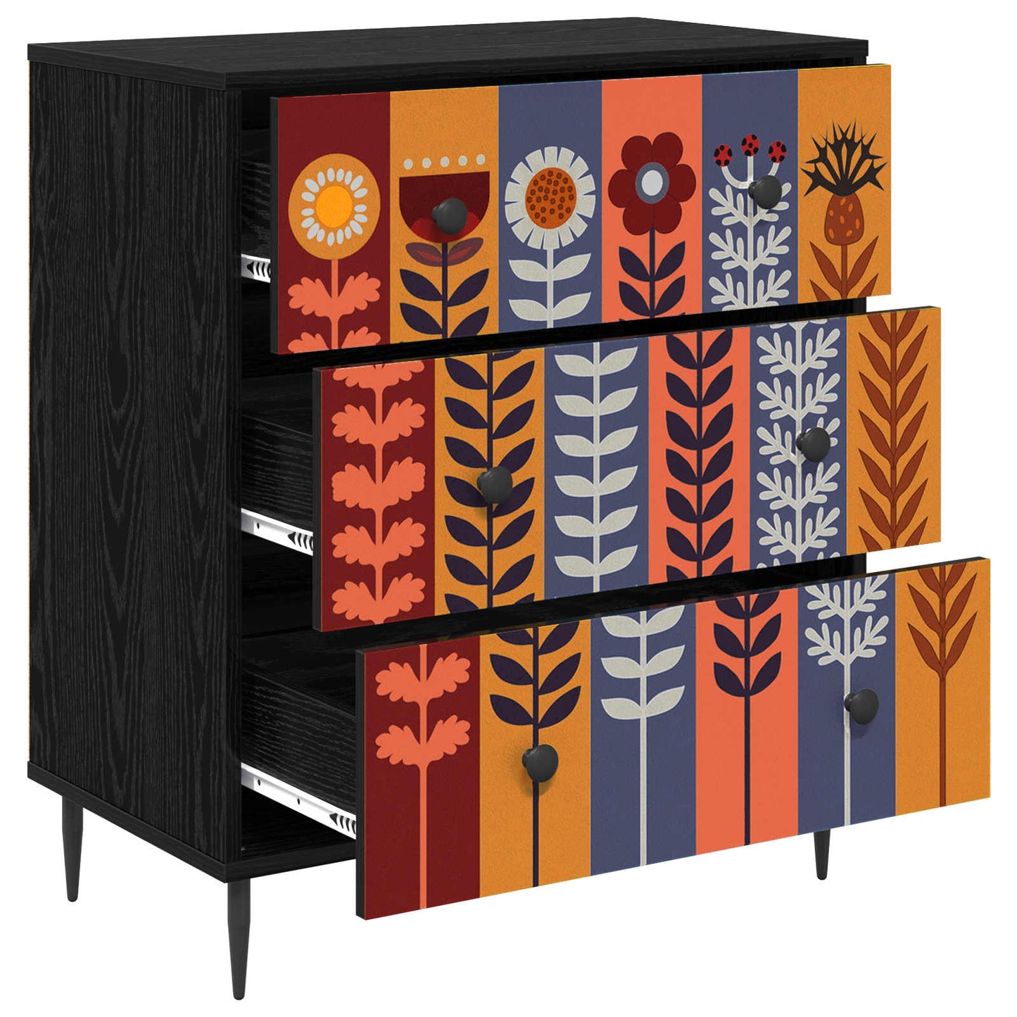 Skuffeskab ESSEN Solblomstprint 66 x 36,5 x 76 cm Sort eg