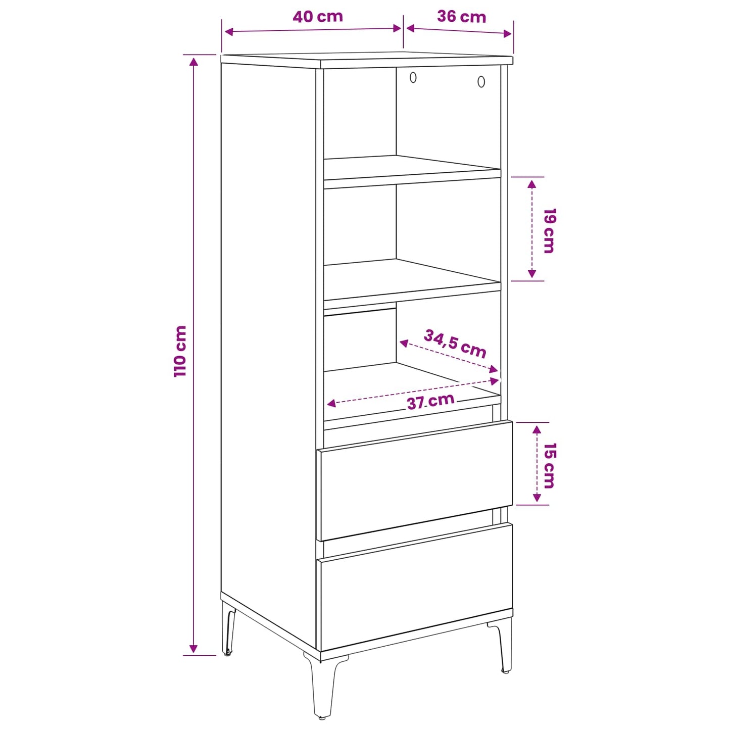 Highboard Sort eg 40 x 36 x 110 cm Konstrueret træ