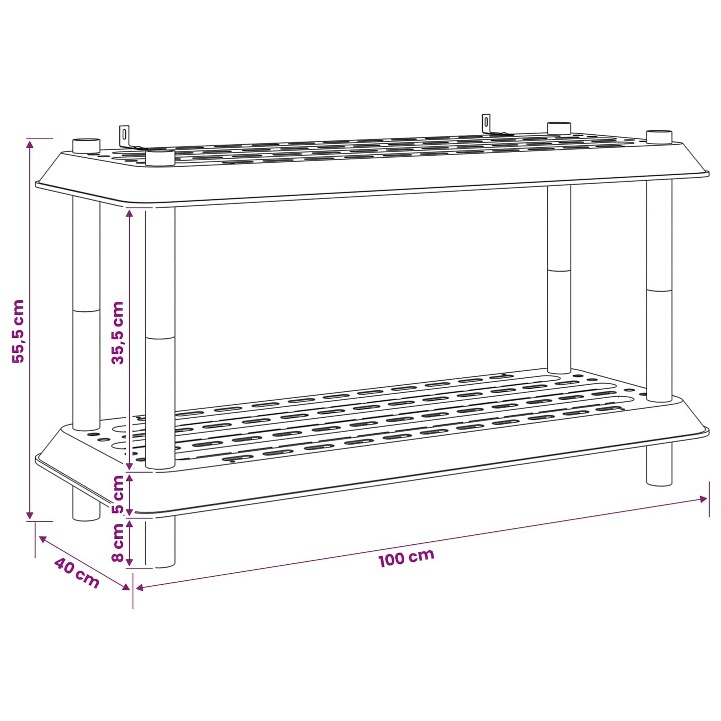 Reol 2 niveauer 100 x 40 x 55,5 cm PP Hvid
