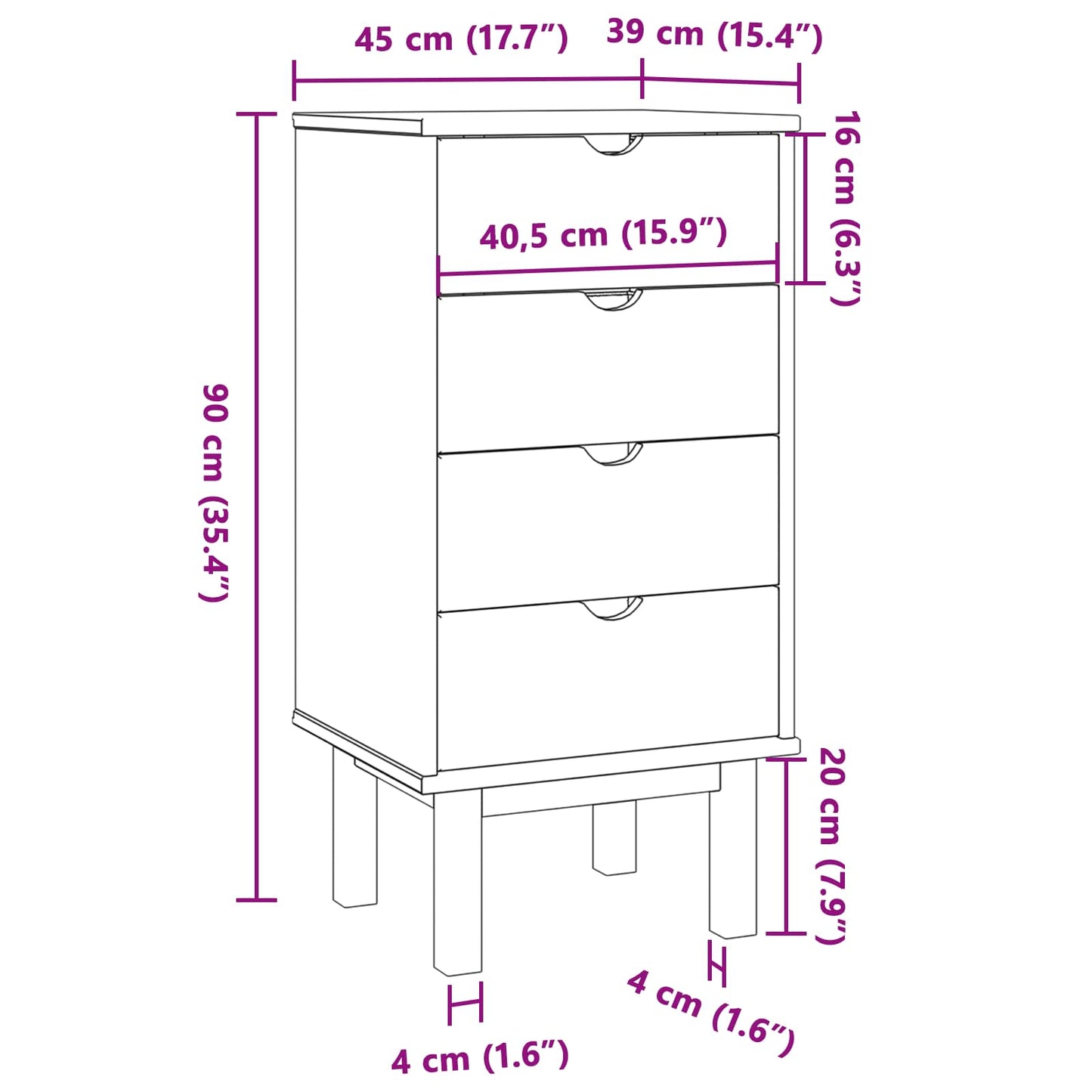 Skuffeskab OTTA Sort 45 x 39 x 90 cm Massivt fyrretræ