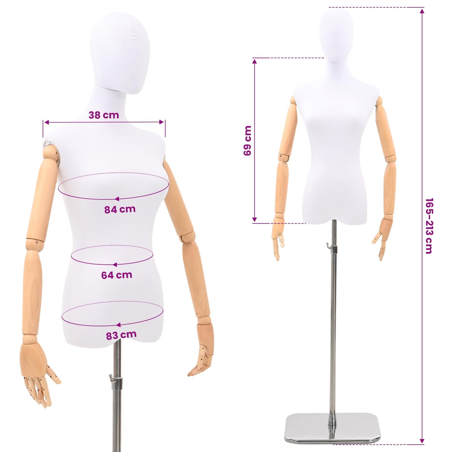 Justerbar mannequin 165-213 cm med base Kvinde PP Hvid