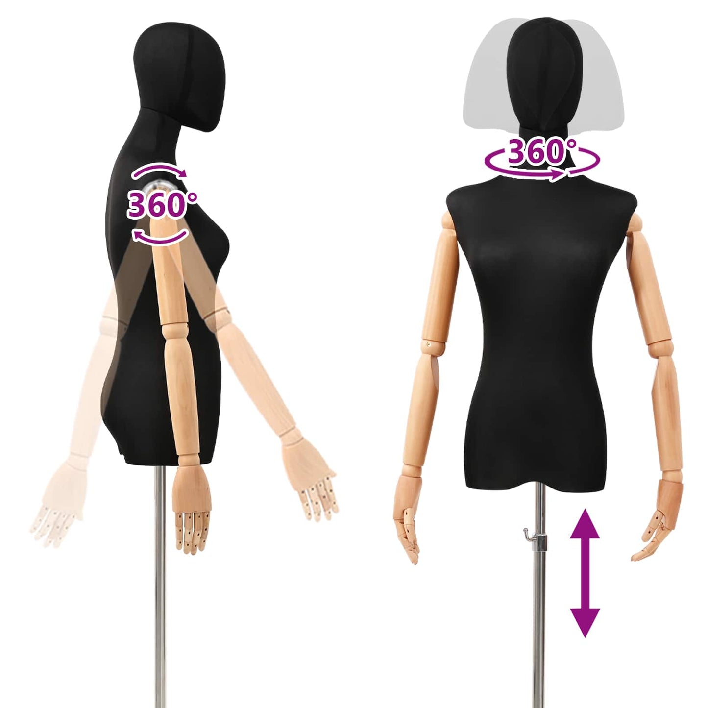 Justerbar mannequin 165-213 cm med base Kvinde PP Sort