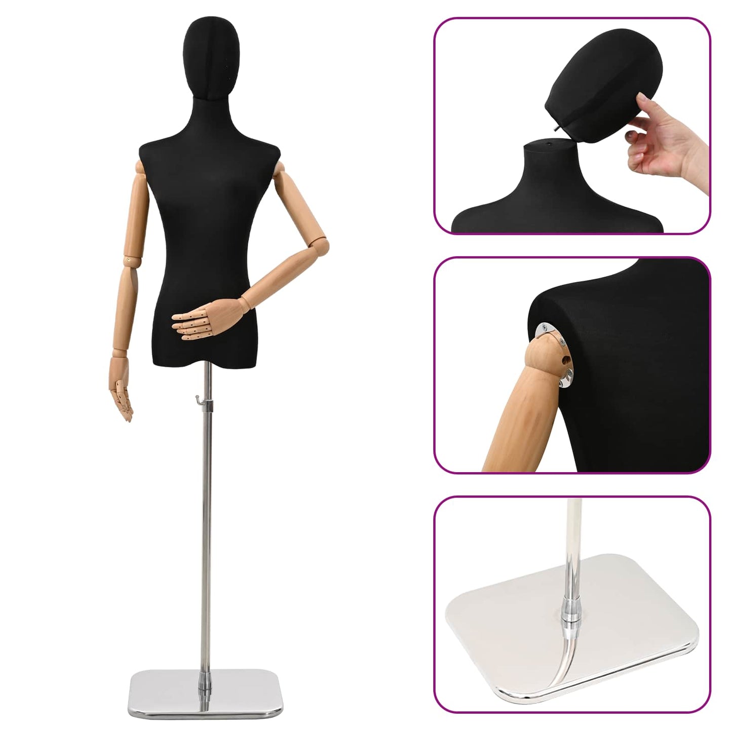 Justerbar mannequin 165-213 cm med base Kvinde PP Sort