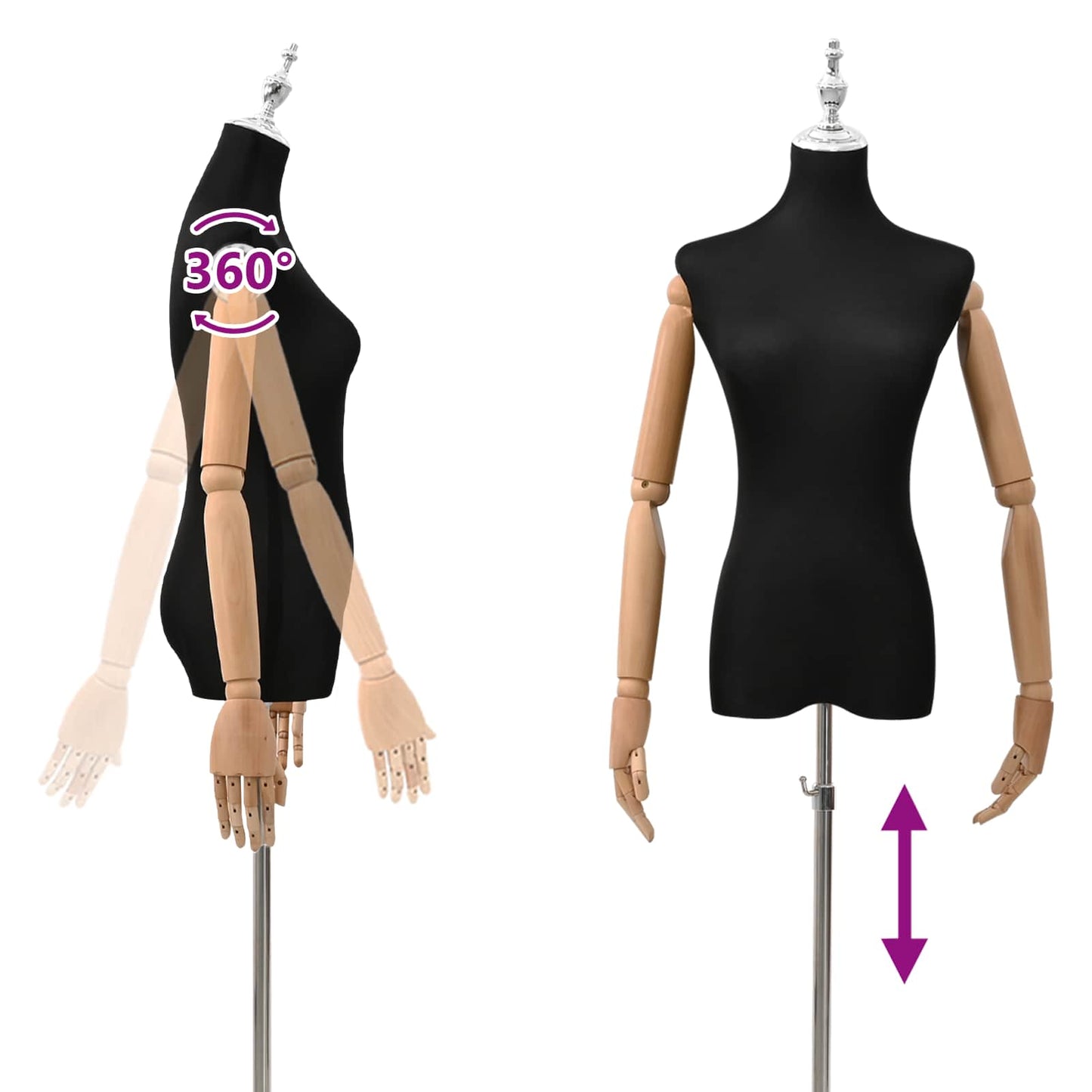 Justerbar mannequin 165-213 cm med base Kvinde PP Sort