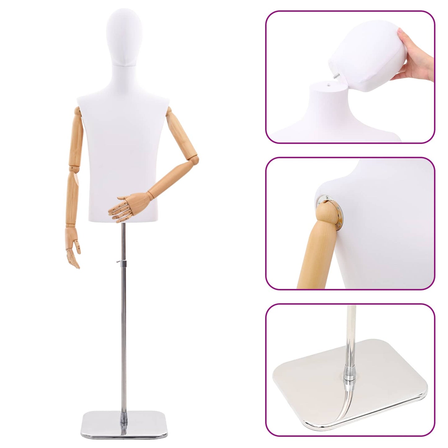 Justerbar mannequin 170-218 cm med base Mand PP Hvid
