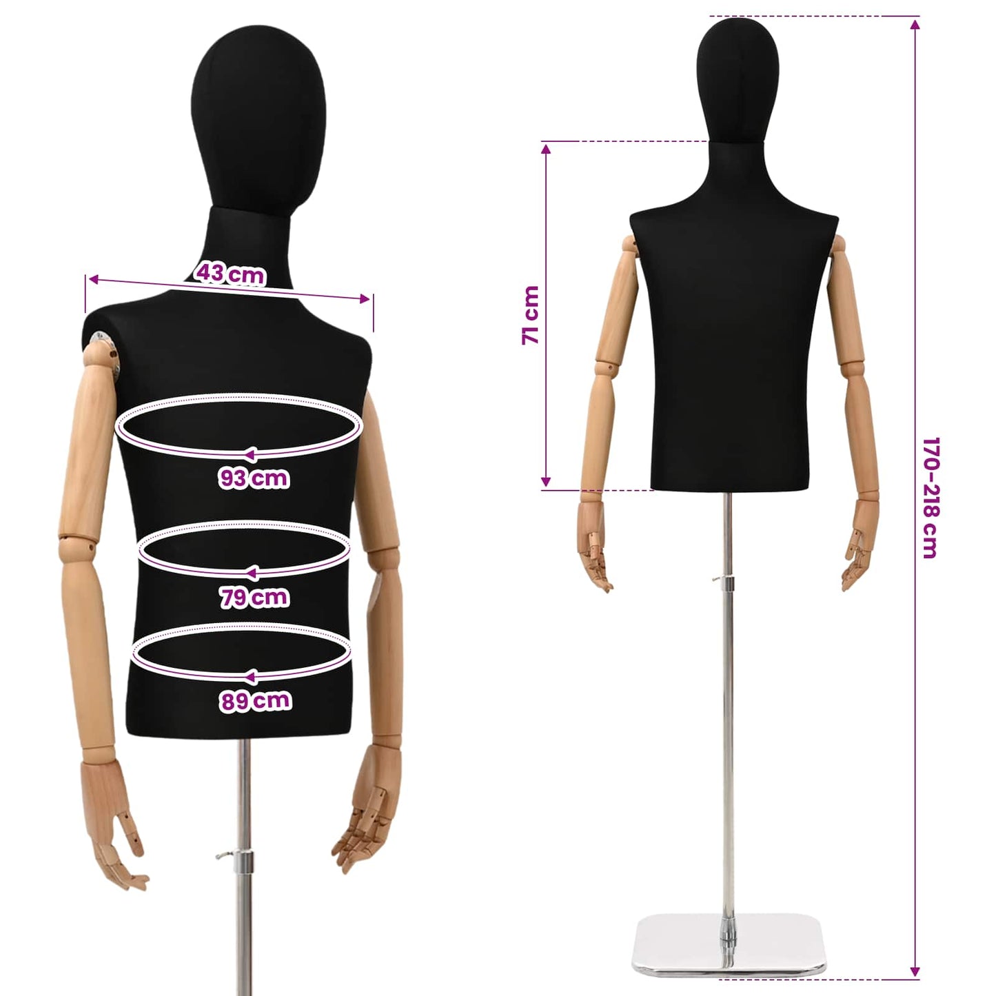 Justerbar mannequin 170-218 cm med base Mand PP Sort