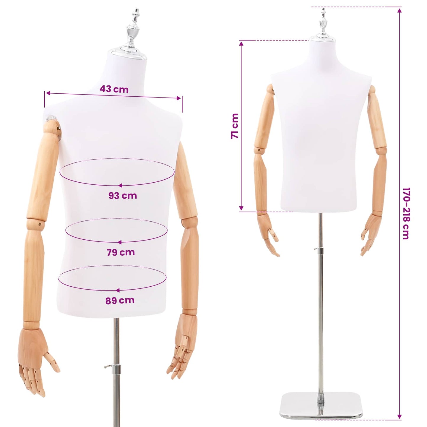 Justerbar mannequin 170-218 cm med base Mand PP Hvid