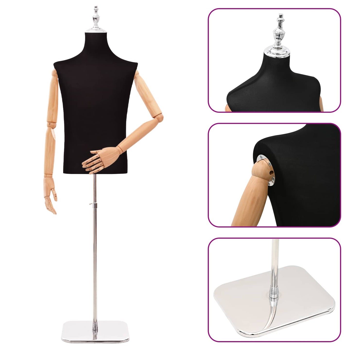 Justerbar mannequin 170-218 cm med base Mand PP Sort