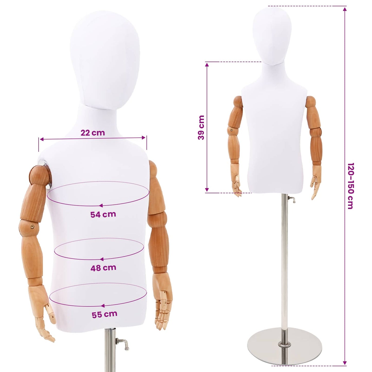 Justerbar 120-150 cm Mannequin med Base Unisex PP Hvid