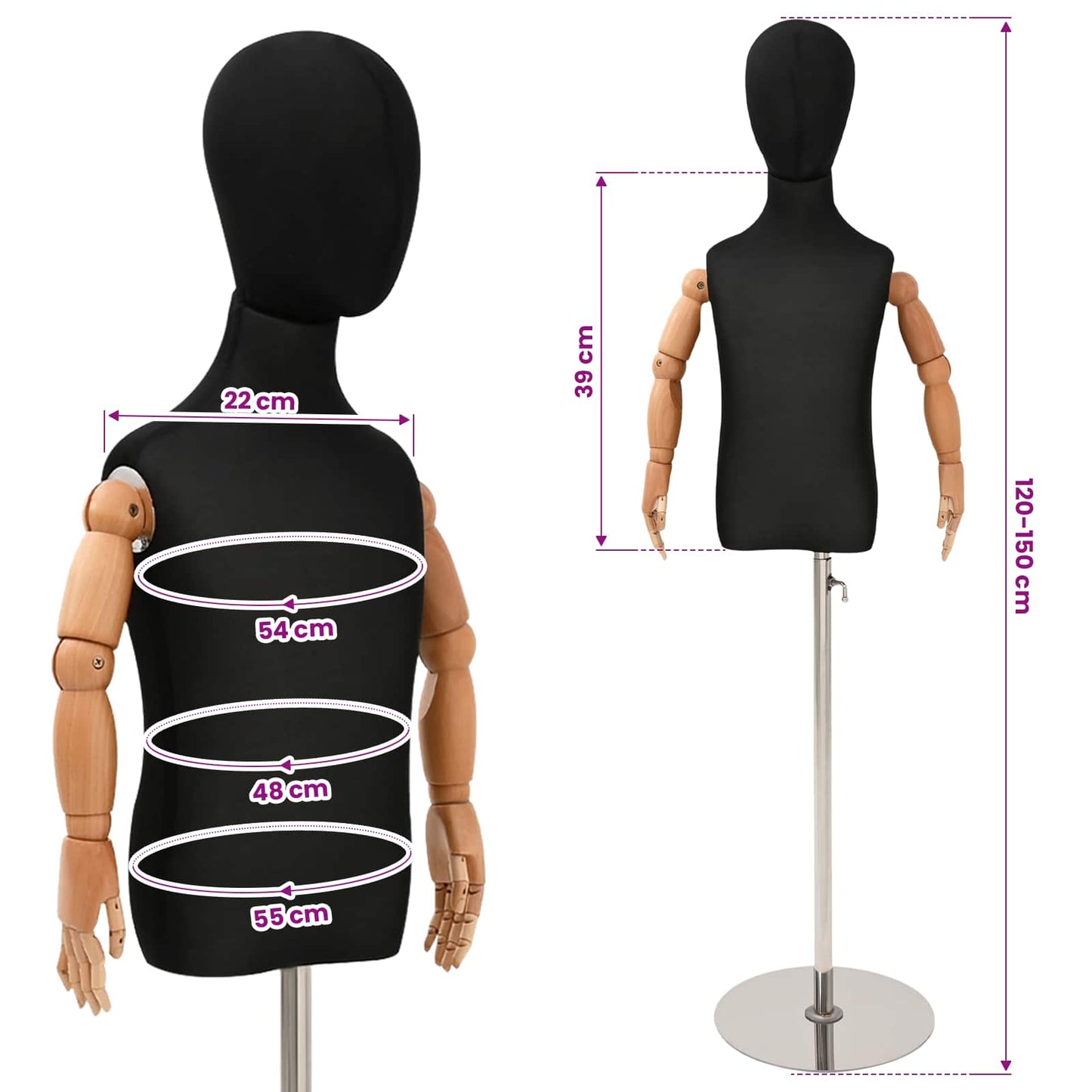 Justerbar 120-150 cm Mannequin med Base Unisex PP Sort