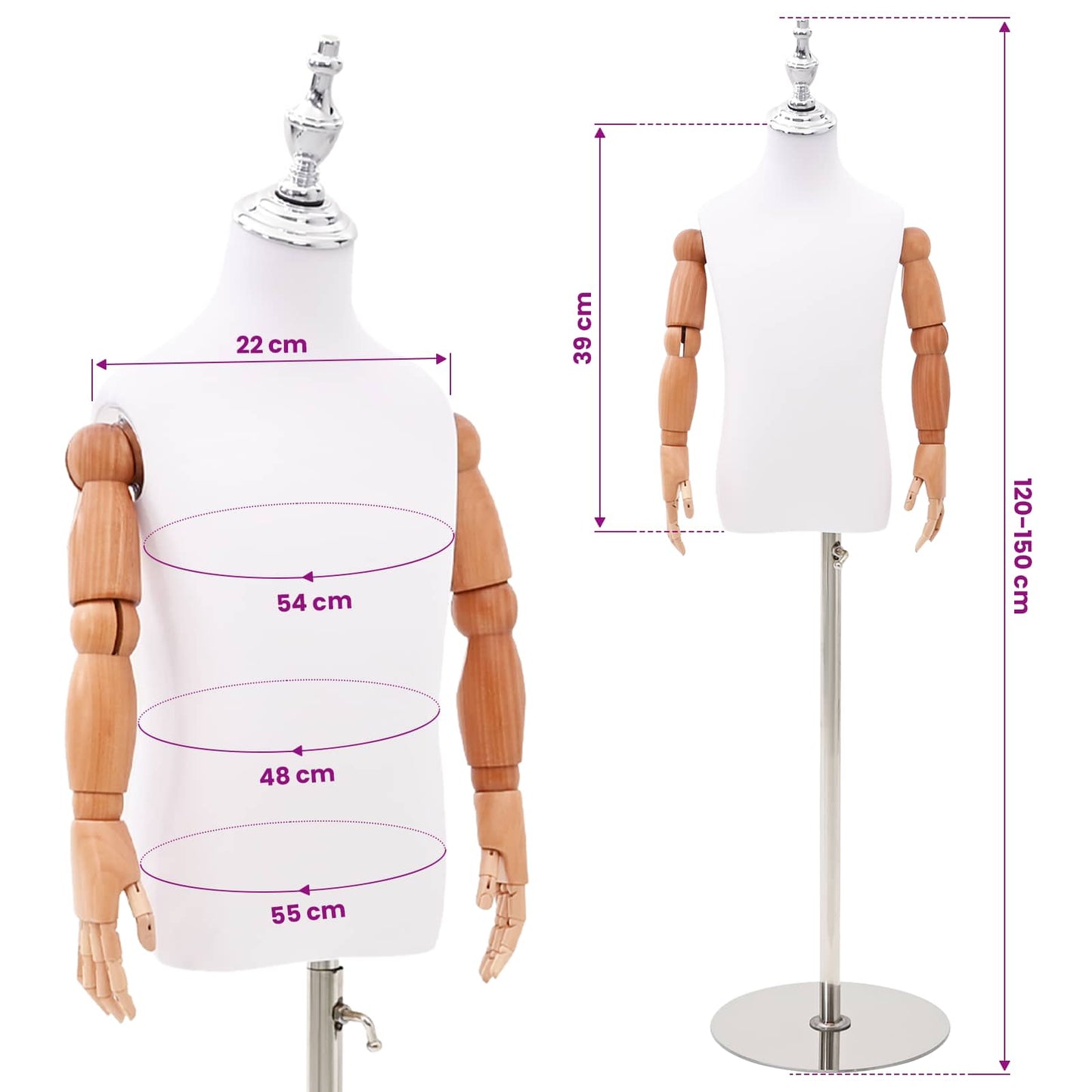 Justerbar 120-150 cm Mannequin med Base Unisex PP Hvid