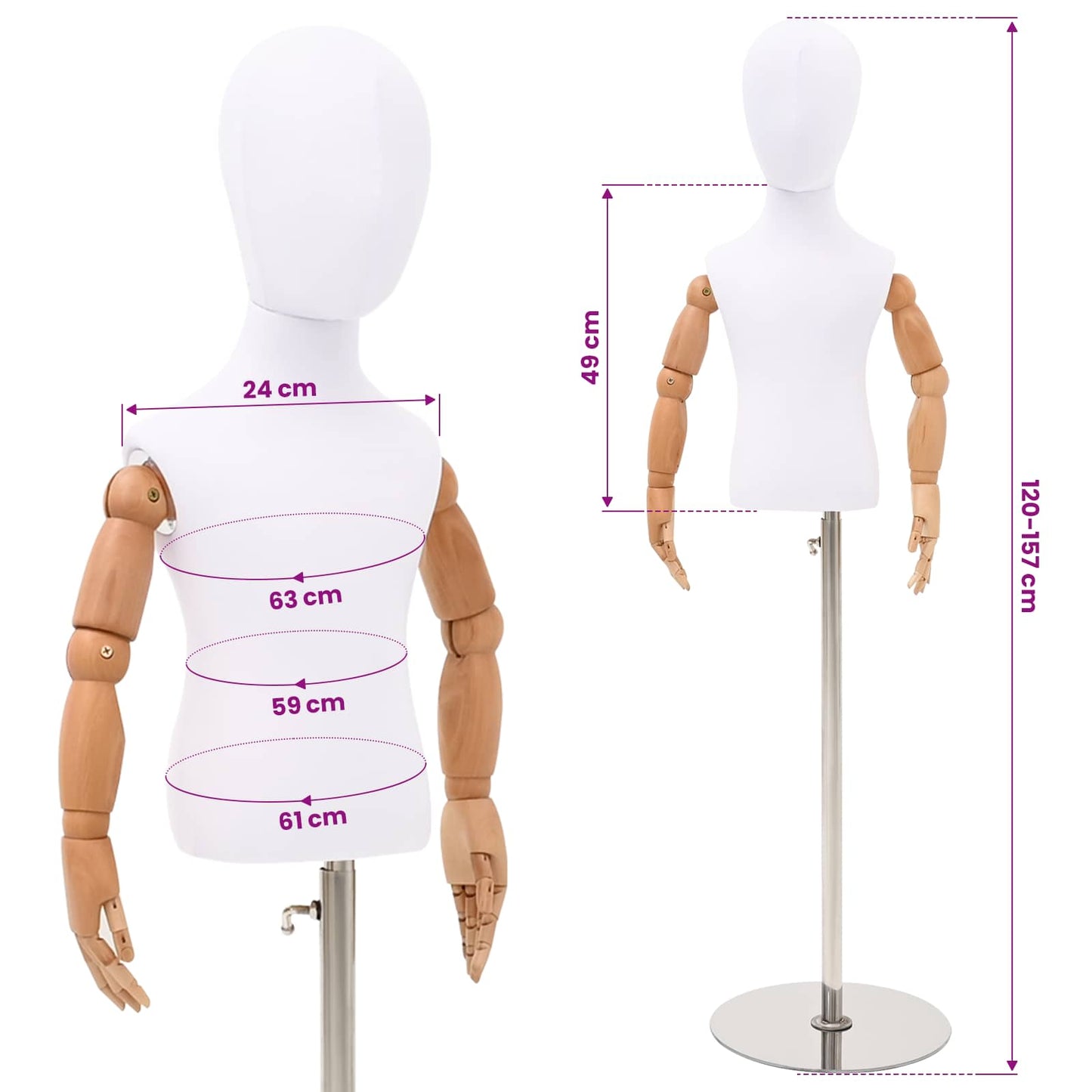 Justerbar 120-157 cm Mannequin med Base Unisex PP Hvid