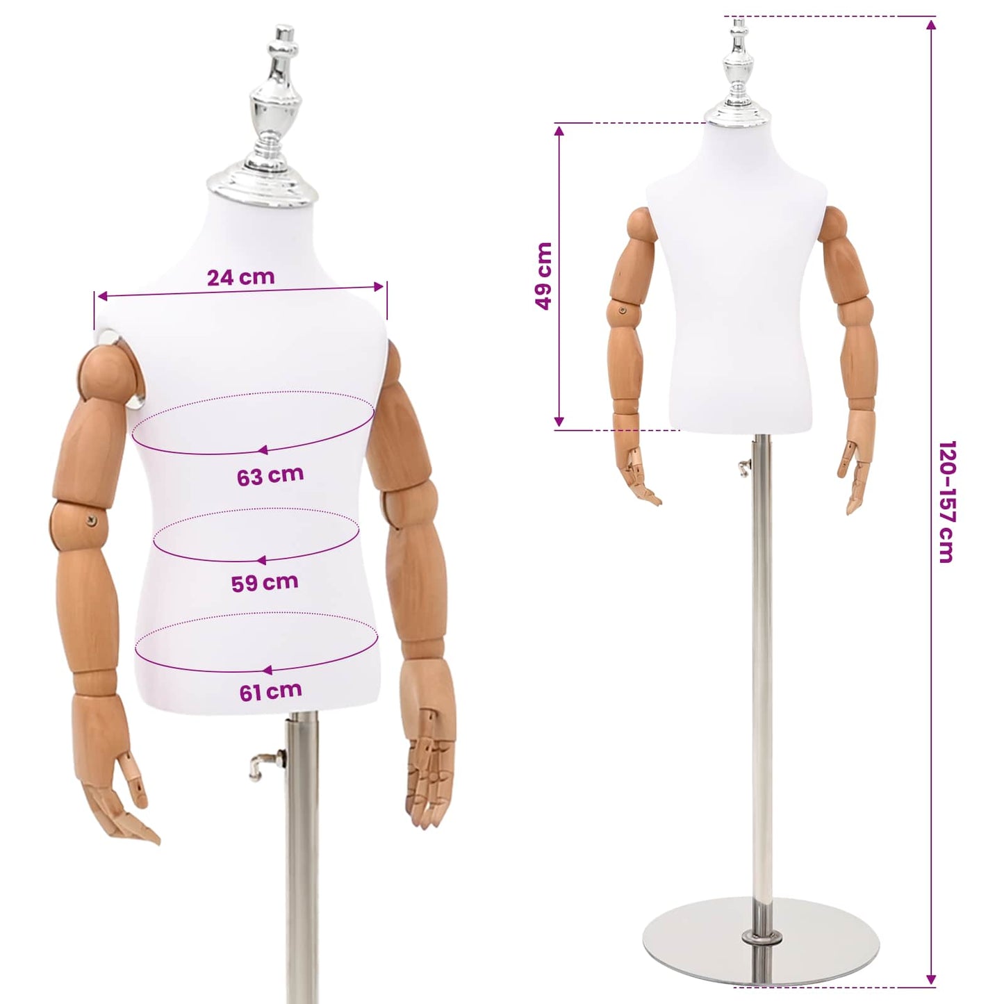 Justerbar 120-157 cm Mannequin med Base Unisex PP Hvid
