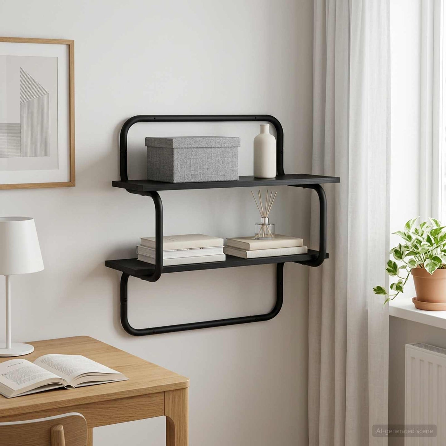 Væghylde i 2 niveauer Sort eg 60 x 24,5 x 61 cm Konstrueret træ