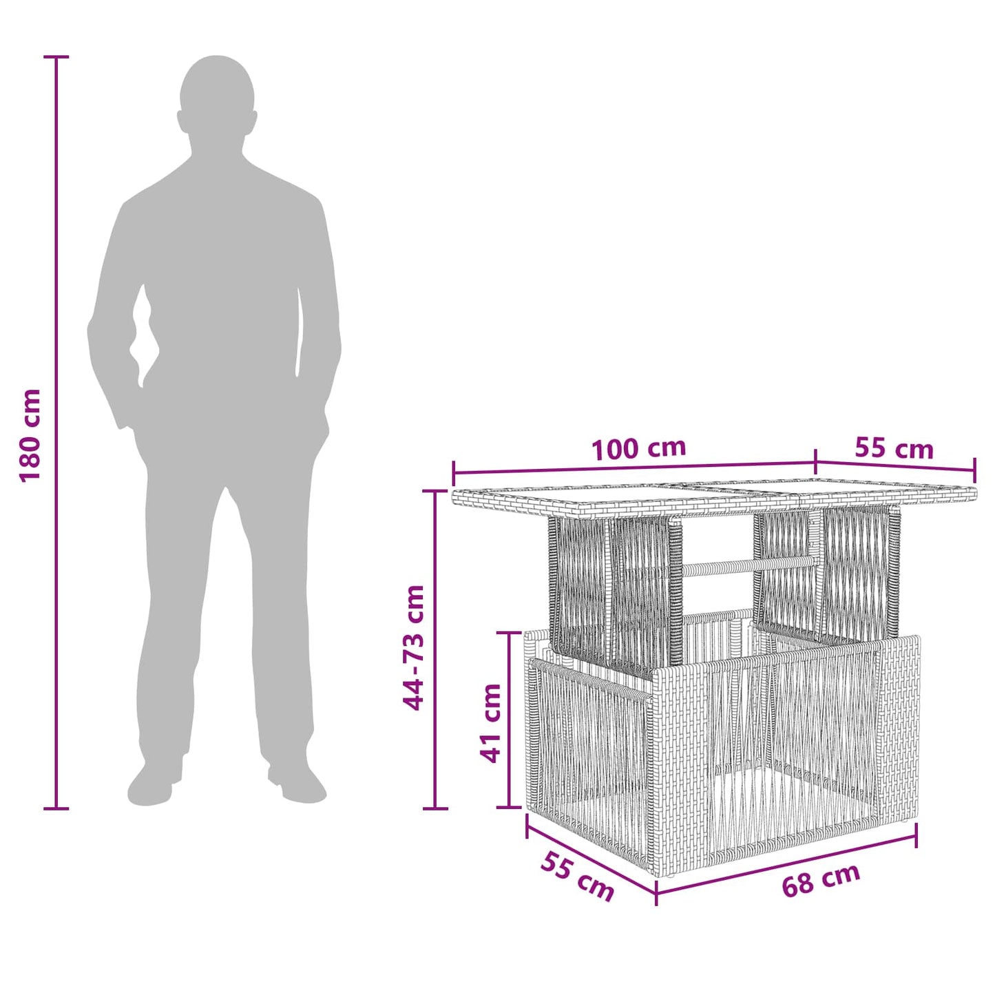 Havemøbel Bord Sort 100 x 55 x 37 cm PE Rattan og Glas