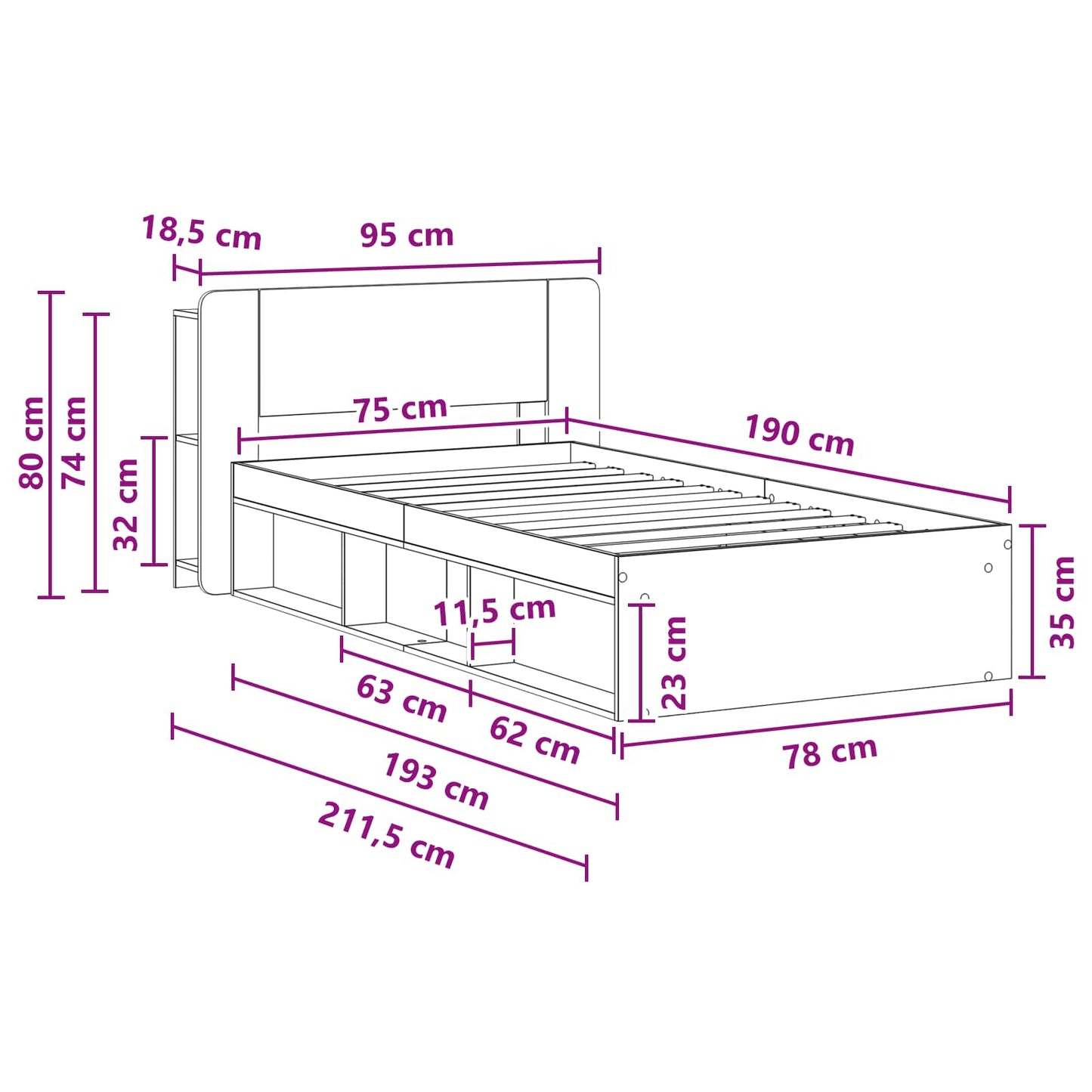 Sengestel med opbevaring Grå Sonoma 75 x 190 cm Konstrueret træ