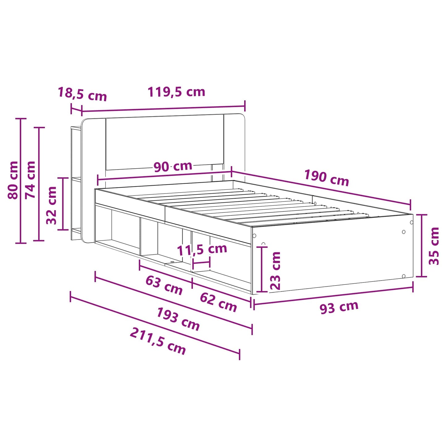 Sengestel med opbevaring Røget eg 90 x 190 cm Konstrueret træ