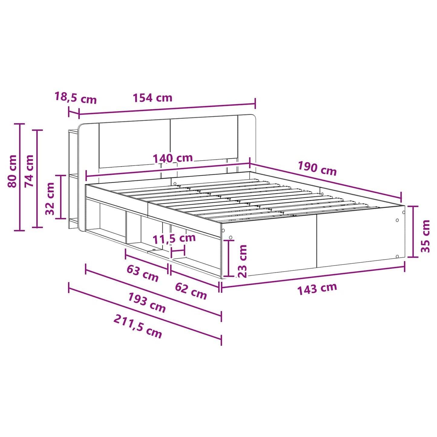 Sengestel med opbevaring Betongrå 140 x 190 cm Konstrueret træ