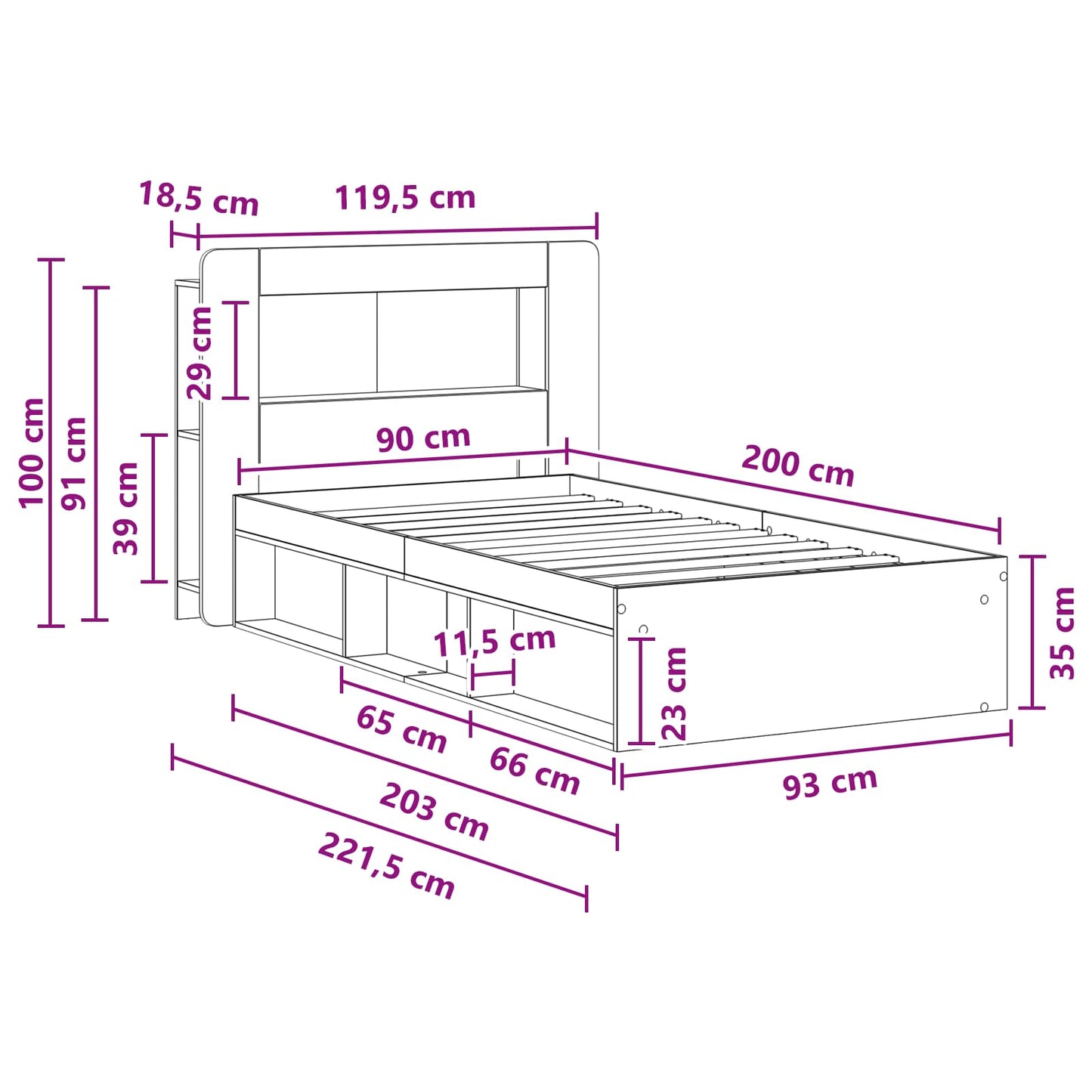 Sengestel med opbevaring med hovedgærde Gammelt træ 90 x 200 cm