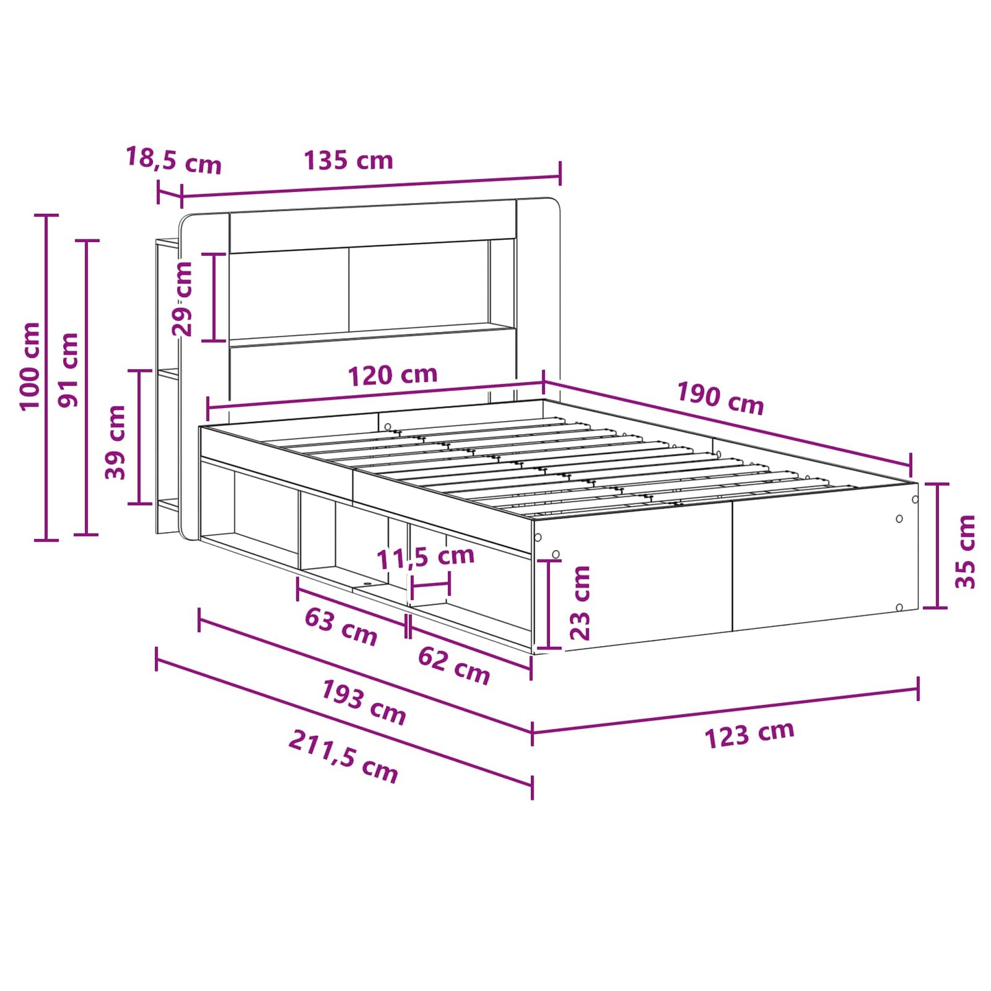 Sengestel med opbevaring Gammelt træ 120 x 190 cm