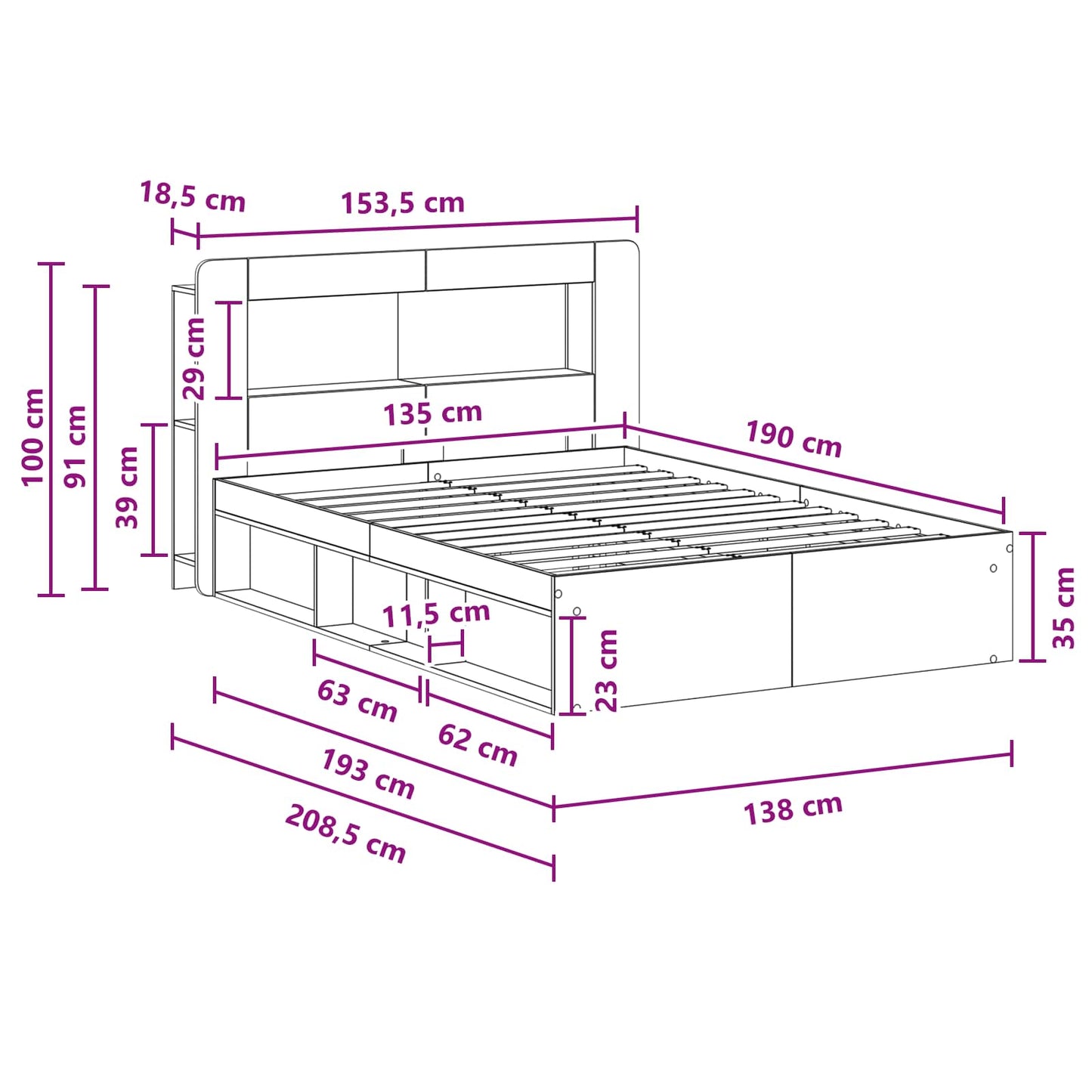 Sengestel med opbevaring med hovedgærde Artisan-eg 135 x 190 cm