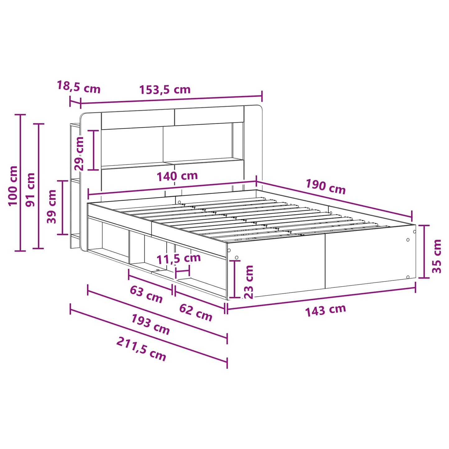 Sengestel med opbevaring Gammelt træ 140 x 190 cm